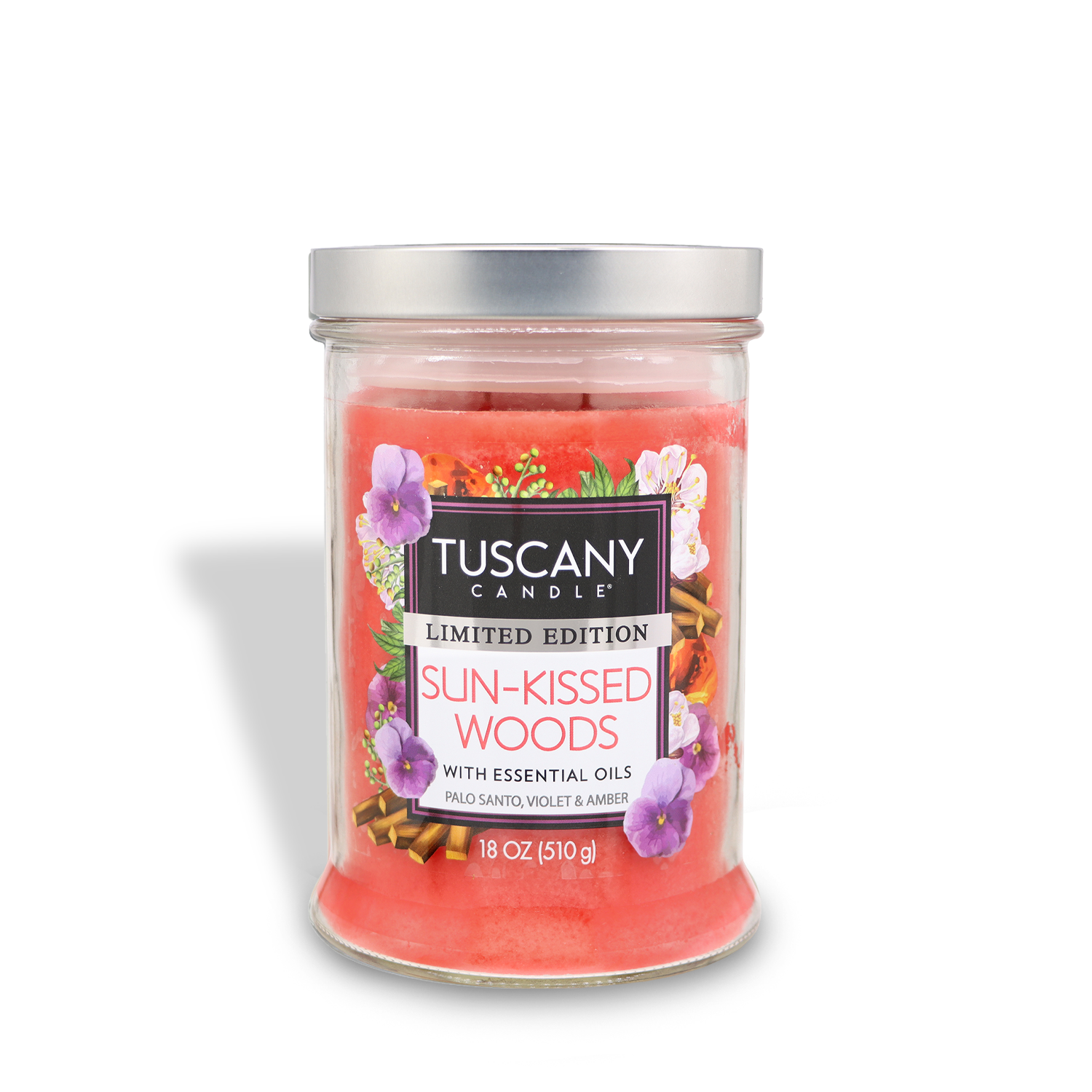The Tuscany Candle® SEASONAL "Sun-Kissed Woods: Palo Santo Scented Summer Candle" (18 oz) has pink wax, a silver lid, floral graphics, and essential oils—ideal for refreshing your space in summer.