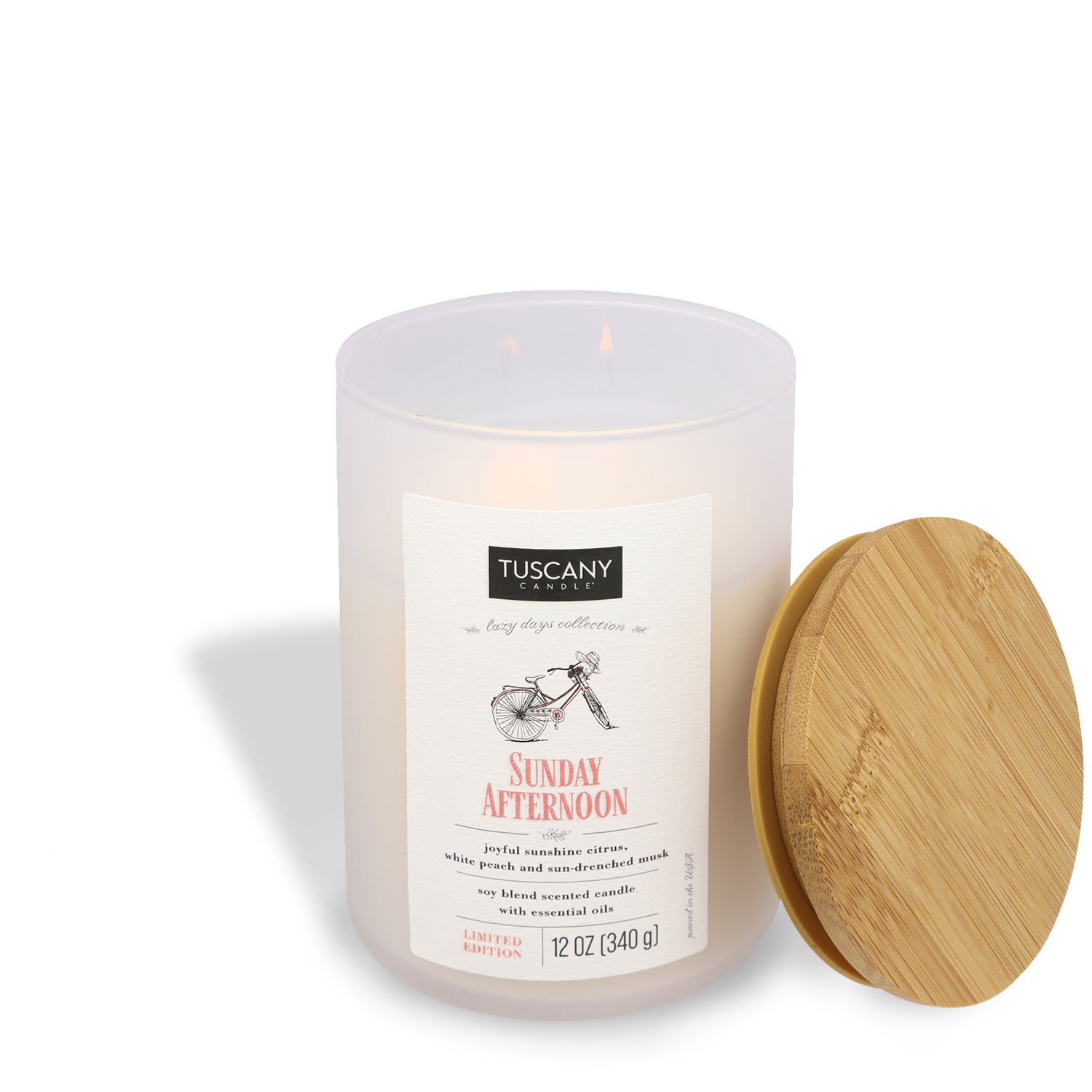 Sunday Afternoon scented candle with a wooden lid on a white background by Tuscany Candle® SEASONAL.