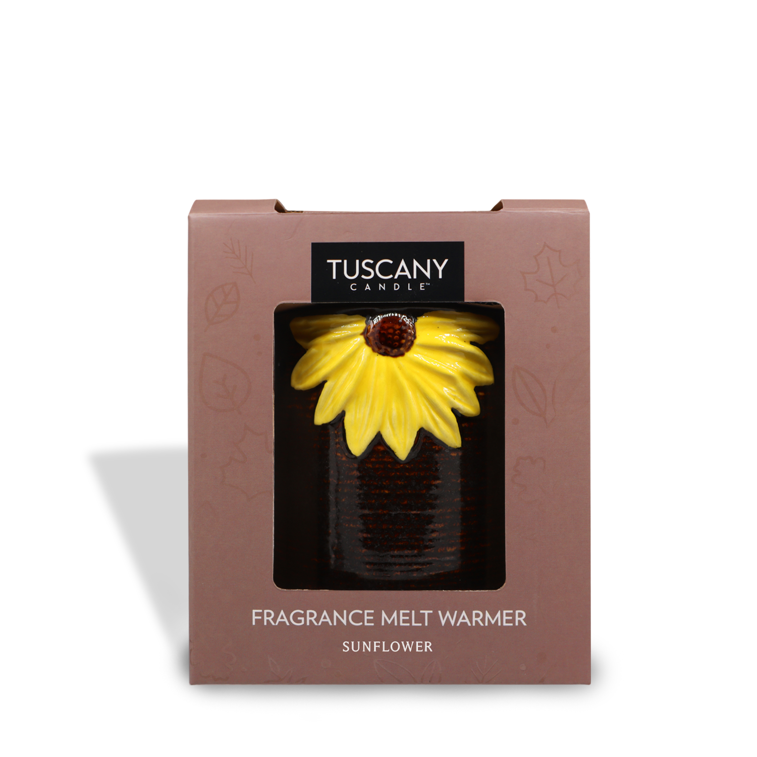 A Tuscany Candle® SEASONAL Sunflower Wax Melt Warmer, featuring a low wattage light bulb, packaged in a brown box with a front cut-out displaying the product.