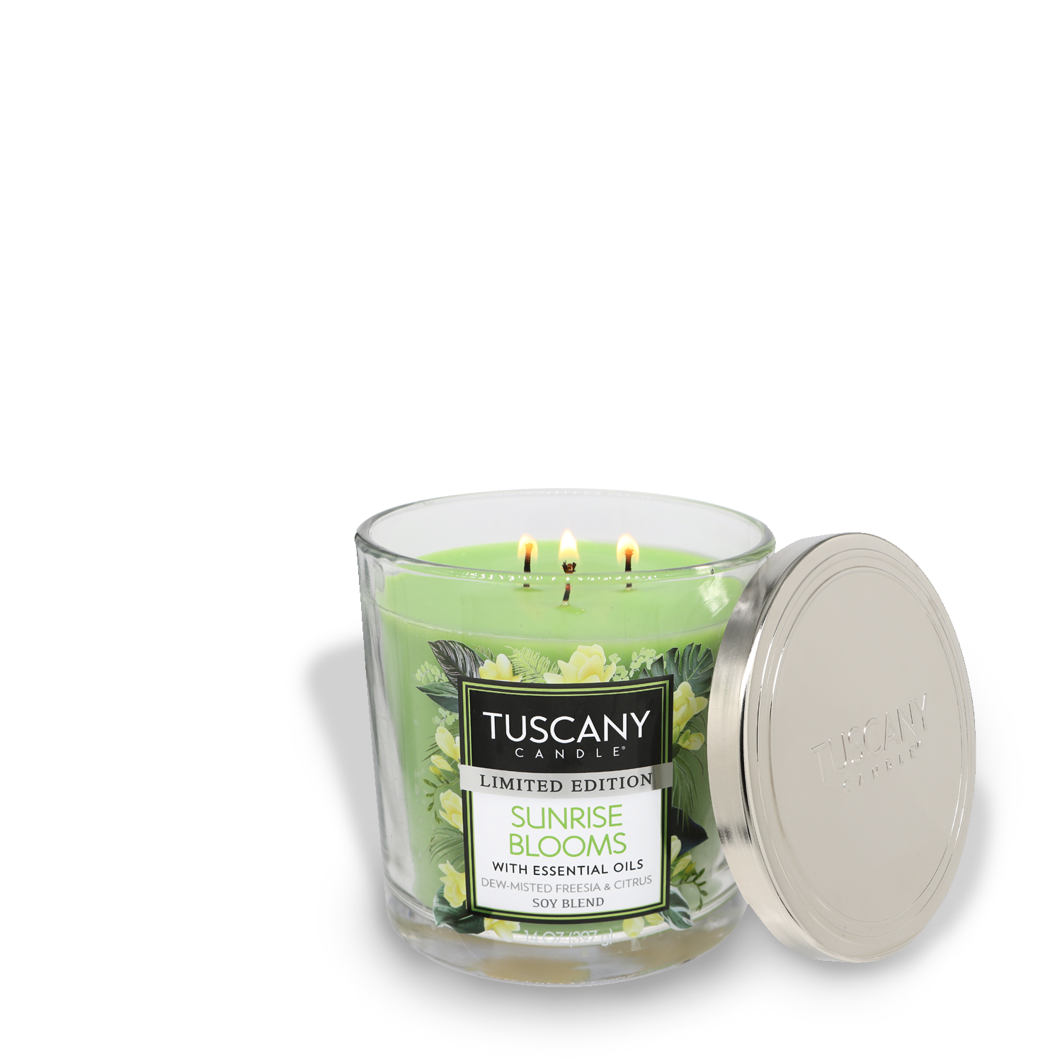 A three-wick Sunrise Blooms Long-Lasting Scented Jar Candle (14 oz) with essential oils by Tuscany Candle® SEASONAL from the limited edition series called "Sunrise Blooms" with the cover off, displayed against a white background.