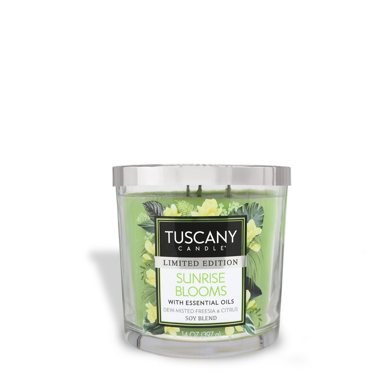 Sunrise Blooms Long-Lasting Scented Jar Candle (14 oz) from Tuscany Candle® SEASONAL featuring soft florals.