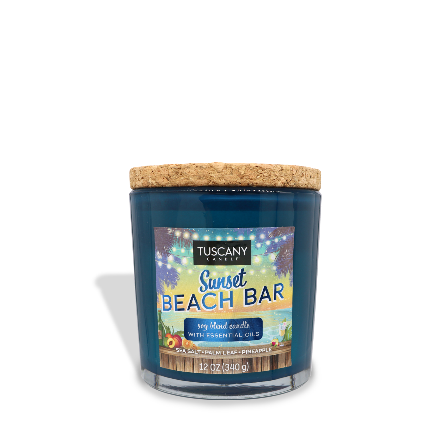 A Tuscany Candle® SEASONAL labeled "Sunset Beach Bar," featuring a blue soy blend wax and essential oils, with sea salt, palm leaf, and pineapple scents. Topped with a cork lid, this Sunset Beach Bar (12 oz) – Sunset Beach Bar Collection candle offers a refreshing coastal experience.