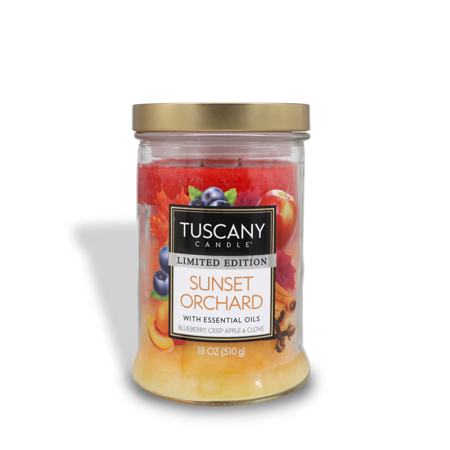 A Tuscany Candle® SEASONAL Sunset Orchard Long-Lasting Scented Jar Candle (18 oz) labeled "Limited Edition Sunset Orchard" with essential oils, featuring scents of blueberry, crisp apple, and clove. This 18 oz (510 g) jar with a golden lid promises an extended burn time for those who cherish scented candles.