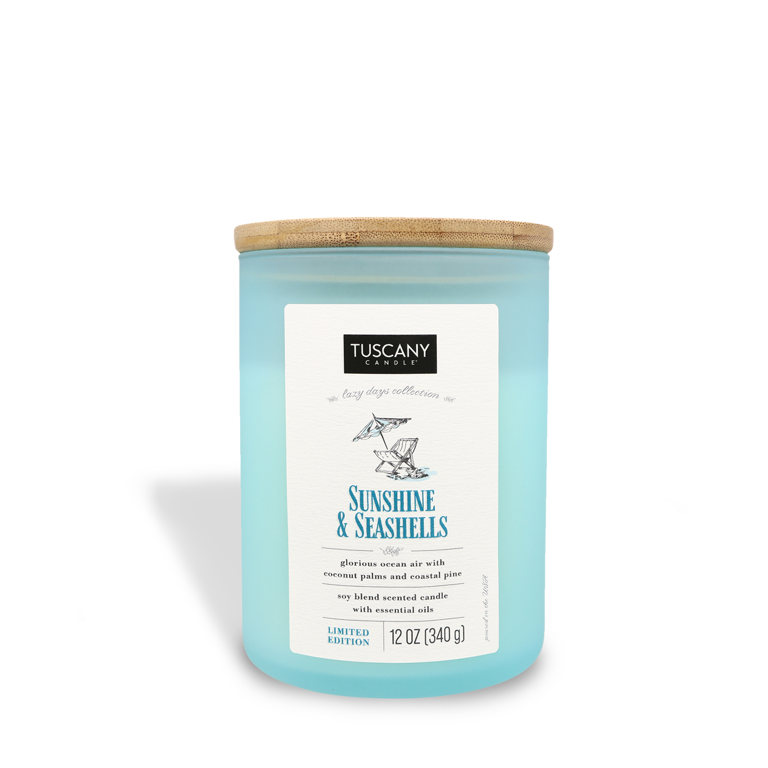 A limited edition Tuscany Candle® SEASONAL 'Sunshine & Seashells' (12 oz) from the Lazy Days Collection, presented in a 12-ounce jar.