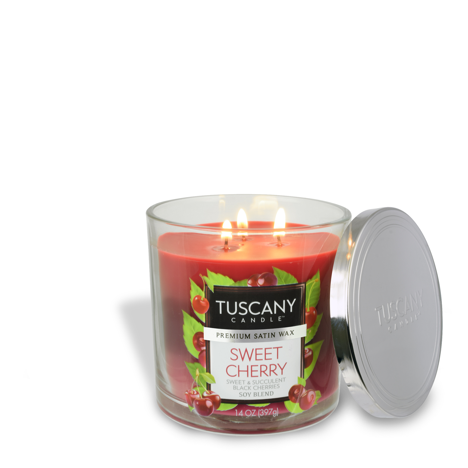 A Tuscany Candle® EVD Sweet Cherry Long-Lasting Scented Jar Candle (14 oz) infused with essential oils, with a metallic lid resting beside it.