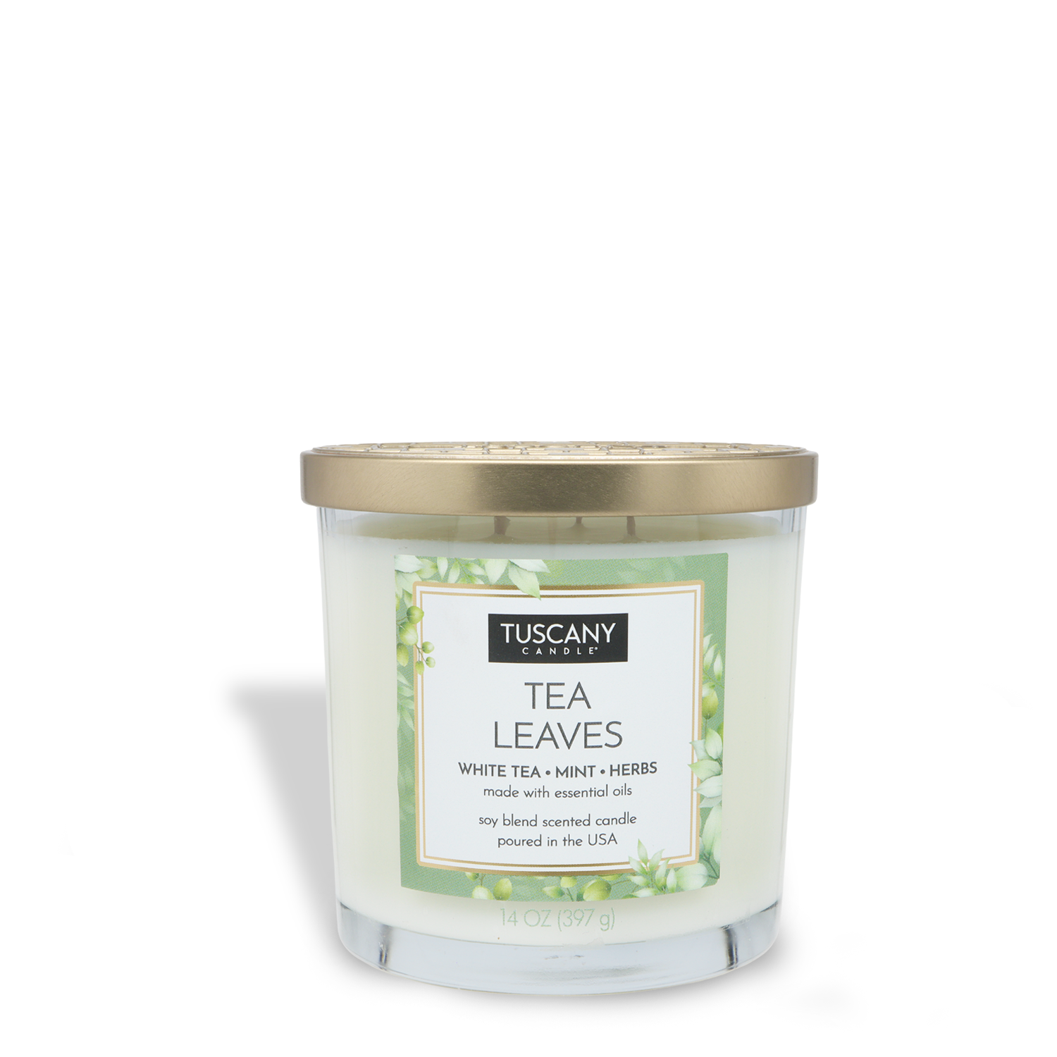 The Tea Leaves Long-Lasting Scented Jar Candle (14 oz) by Tuscany Candle® EVD features a white tea aroma with hints of mint and herbs in a soy-blend wax, finished with a gold lid and green floral label.