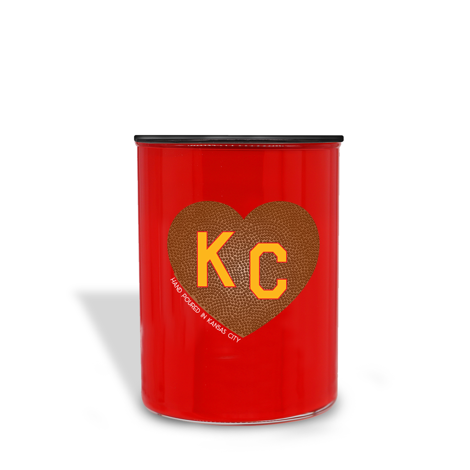 The Tailgate Scented Football KC Heart Candle (13 oz) by Tuscany Candle x Charlie Hustle is a red canister with a black lid and brown football-textured heart with yellow "KC"—ideal for showing your Kansas City pride or enhancing your game day decor.