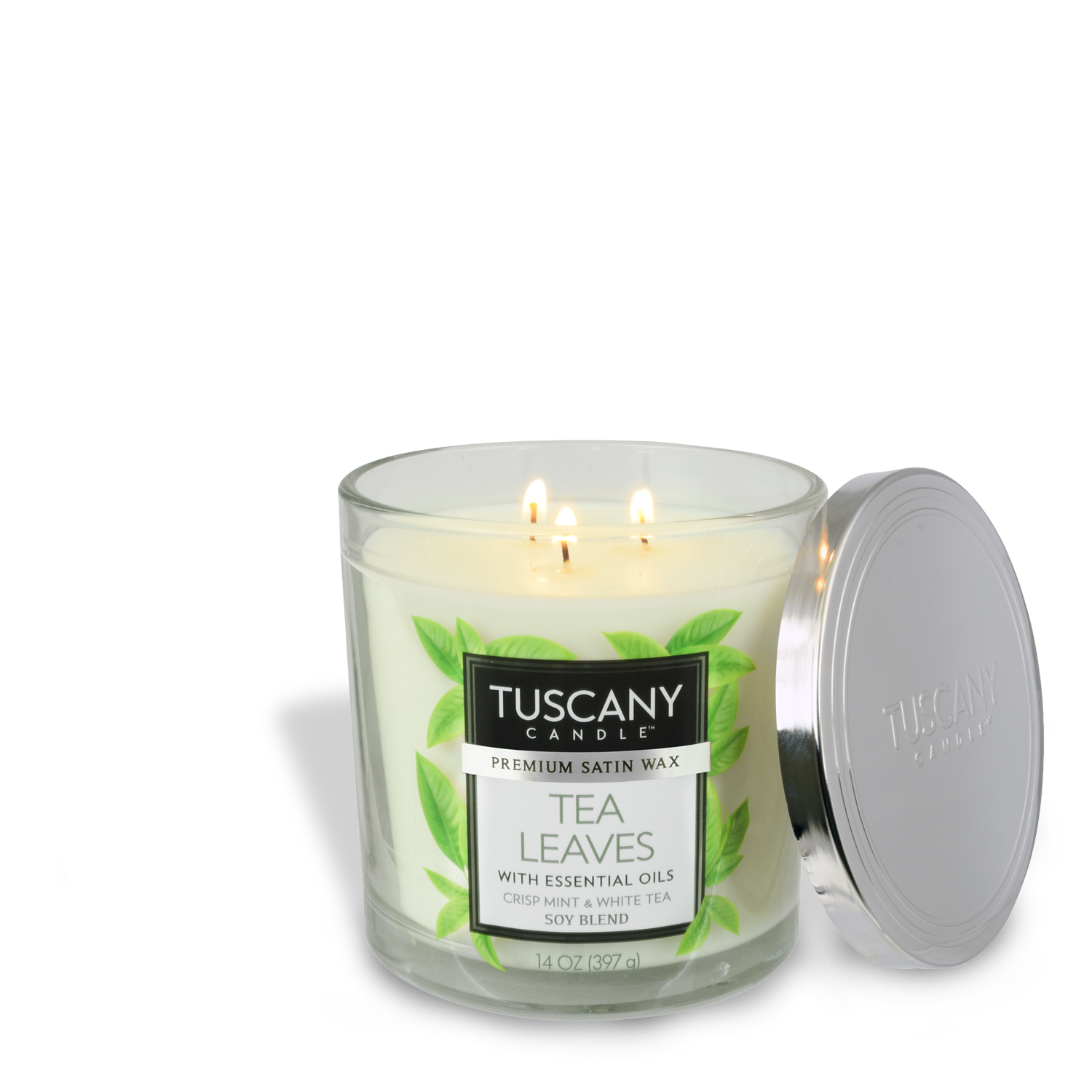 Tuscany Candle's Tea Leaves Long-Lasting Scented Jar Candle (14 oz) made with soy-blend wax for a long-lasting aroma.