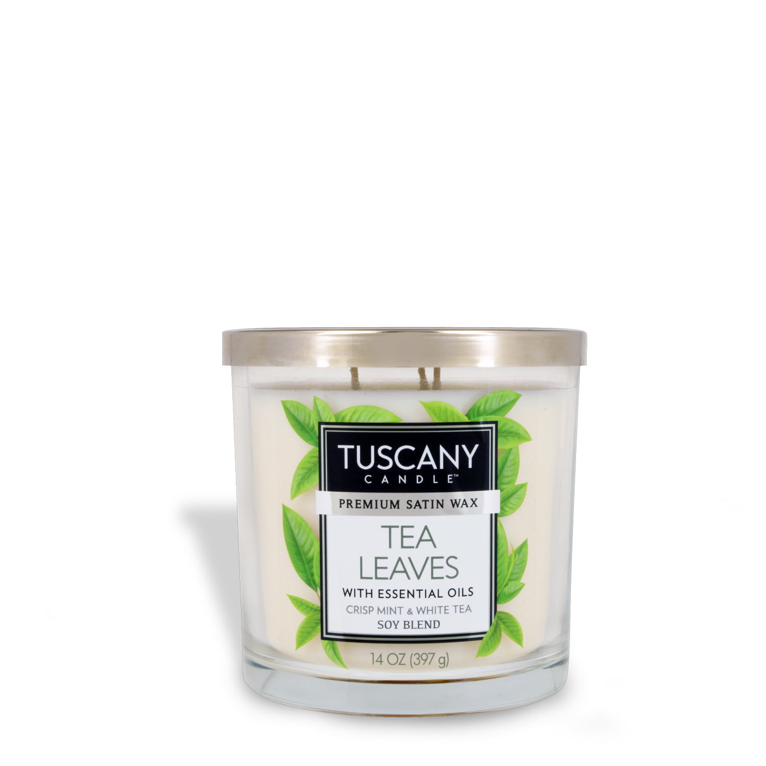 Crisp mint Tuscany Tea Leaves Long-Lasting Scented Jar Candle (14 oz) made with soy-blend wax.