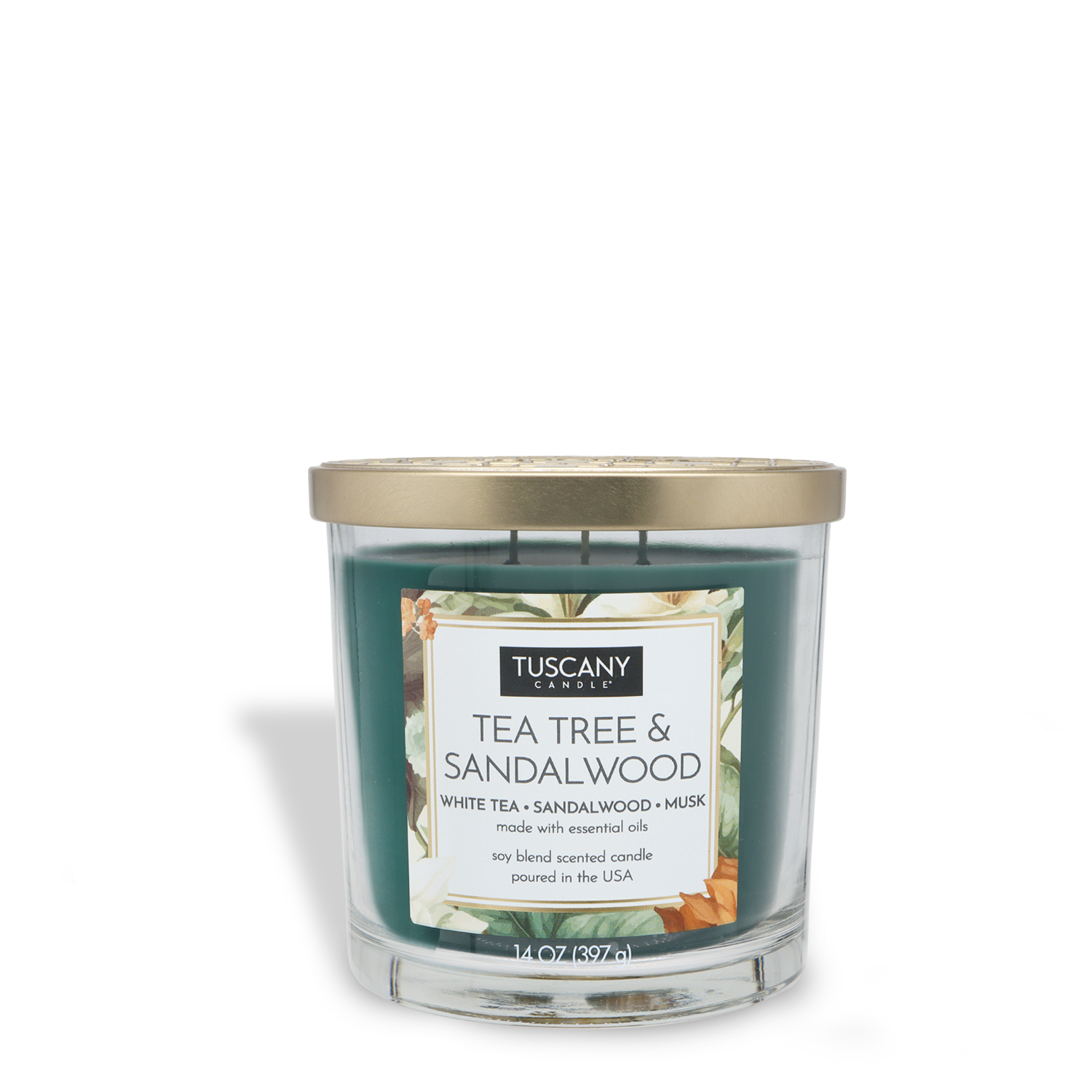 The Tuscany Candle® EVD Tea Tree & Sandalwood Long-Lasting Scented Jar Candle (14 oz) features a soy-blend wax, gold lid, floral design, and a fragrance blend of white tea, sandalwood, and musk.