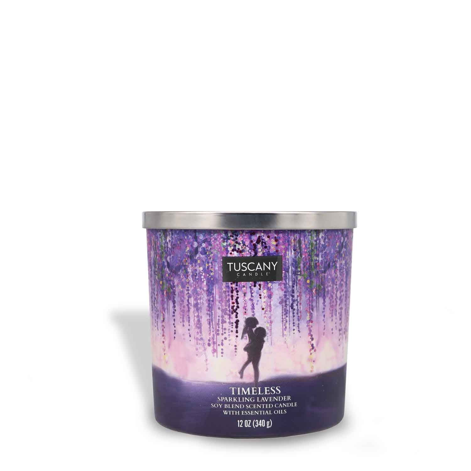 A Timeless Scented Jar Candle (12 oz) from the Tuscany Candle® SEASONAL Carried Away Collection, with a picture of a woman and a man, containing a sensual essential oil blend. This aromatic blend is crafted with a combination of pure essential oils known for their soothing and relaxing properties.