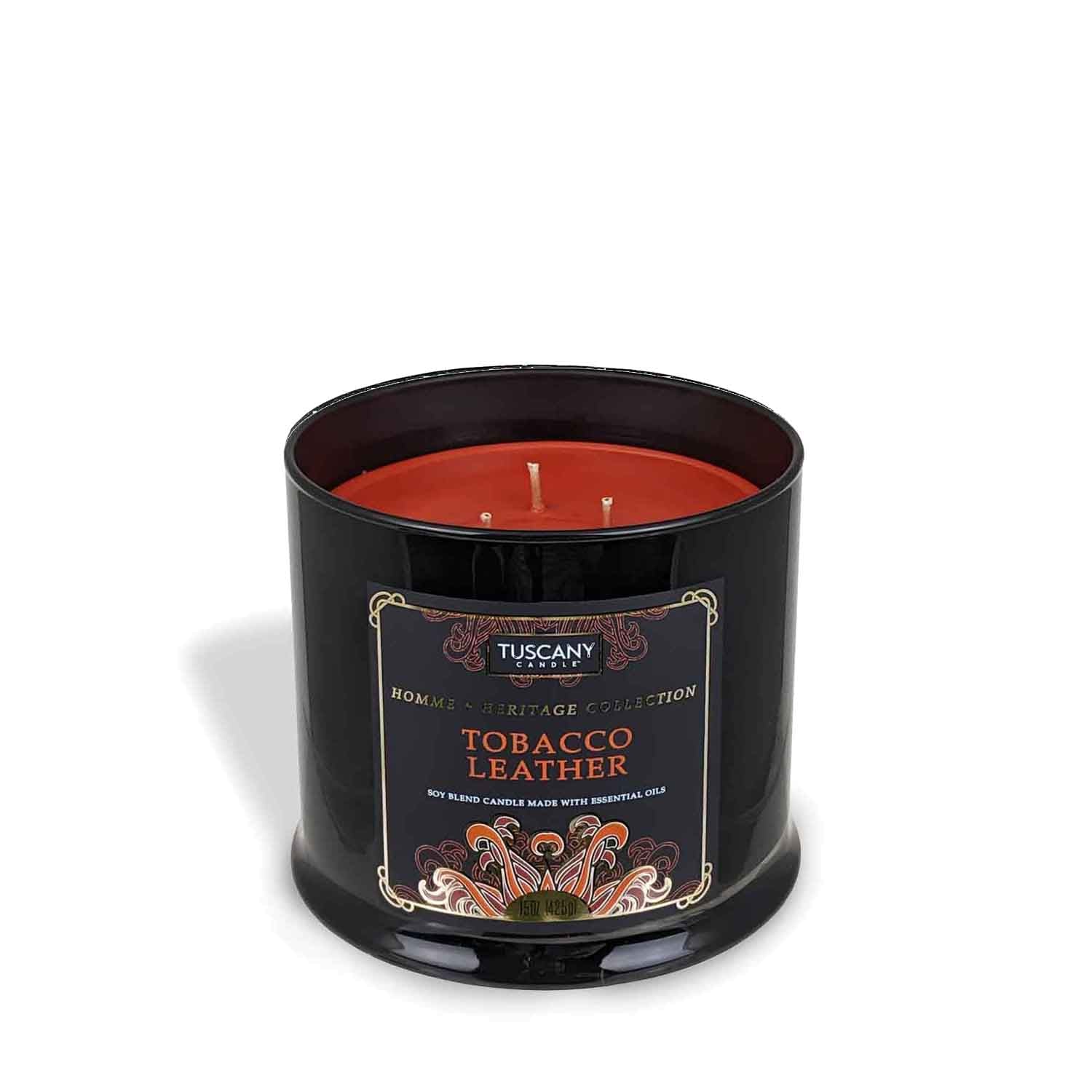 A Tobacco Leather Scented Jar Candle (15 oz) – Homme + Heritage Collection by Tuscany Candle with a tobacco leather design.