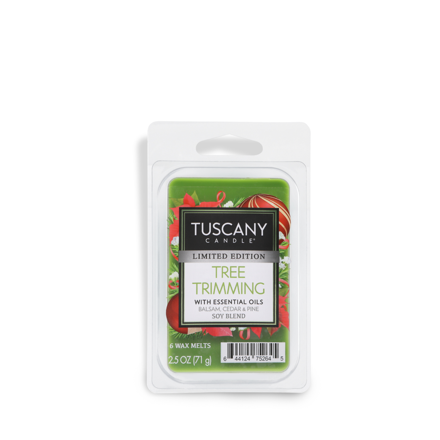 A package of Tuscany Candle® SEASONAL Tree Trimming Scented Wax Melts, a limited edition product with essential oils. The label mentions scents of balsam, cedar, and pine. The package contains six wax melts weighing 2.5 oz (71 g).