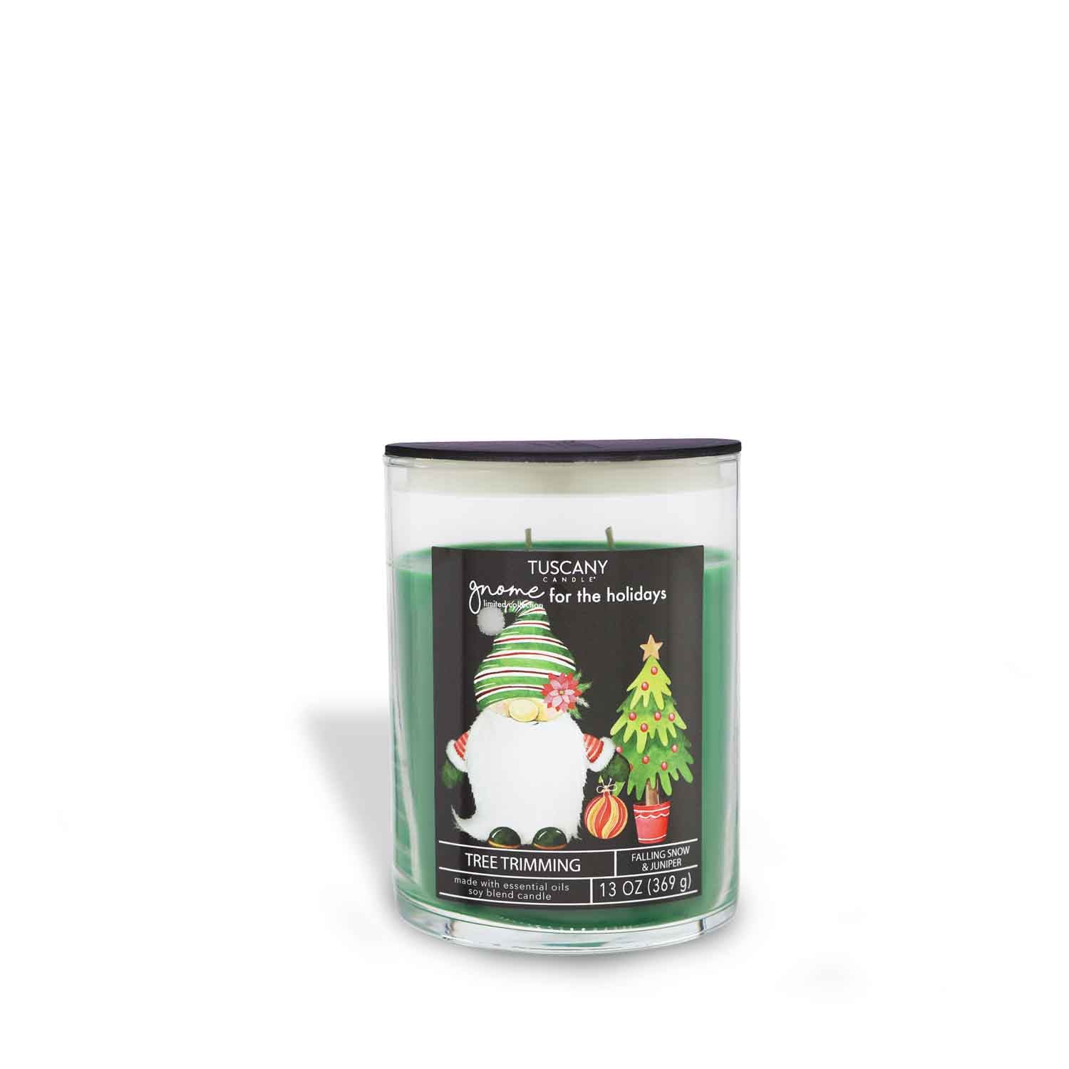 Tree Trimming candle from the Gnome for the Holidays collection, boasting vibrant green wax and a merry gnome-packed label, gleaming merrily against a snowy white background