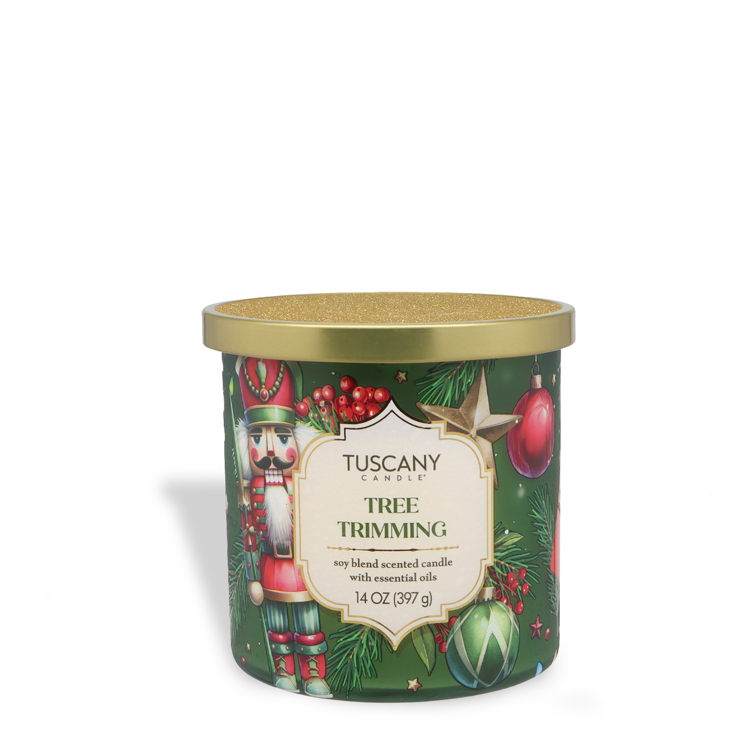 A 14 oz Tuscany Candle® SEASONAL "Tree Trimming: Frosted Fir & Juniper" from the Traditions Collection, featuring festive nutcracker and ornament designs with a gold lid.