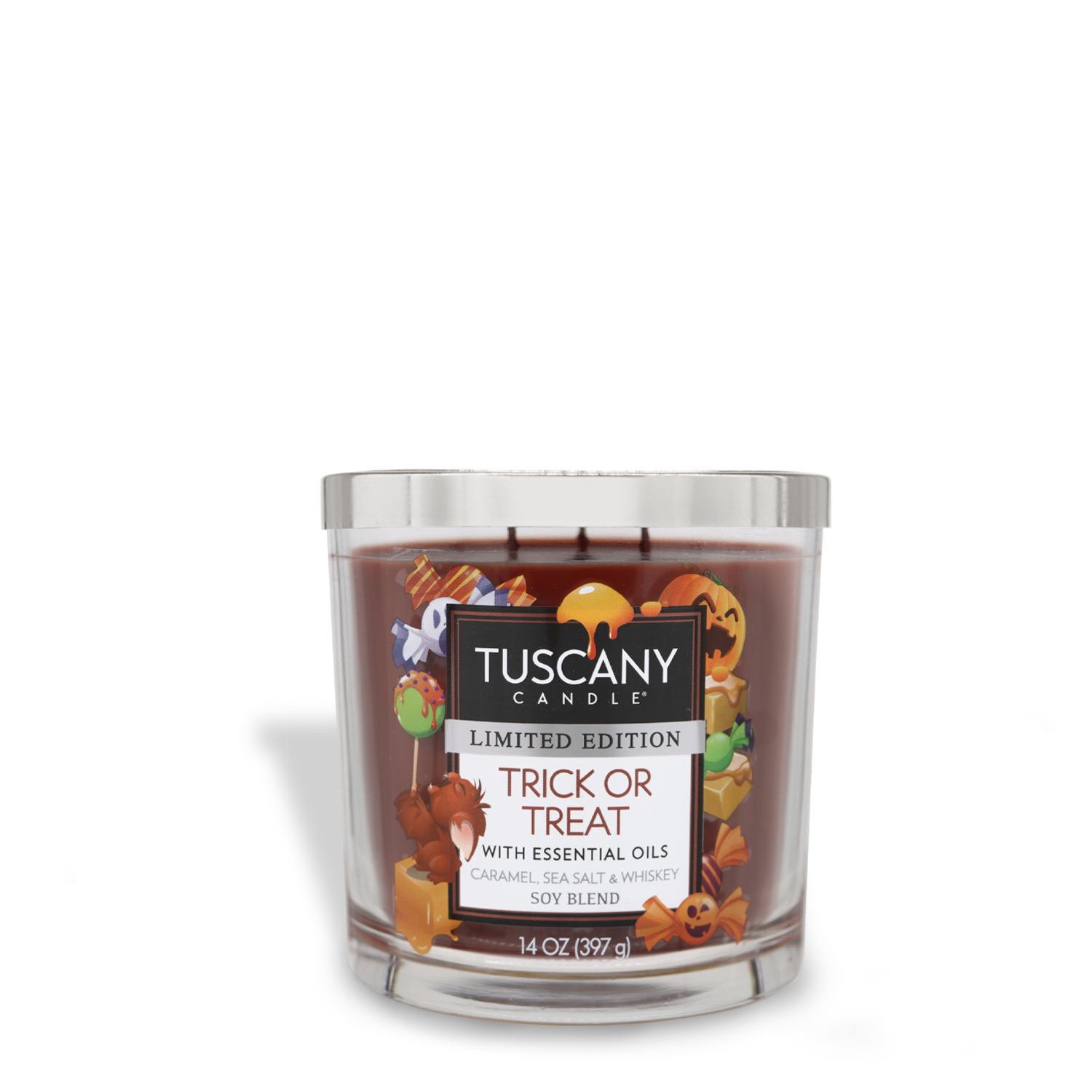 A limited edition Tuscany Candle® SEASONAL labeled "Trick Or Treat Long-Lasting Scented Jar Candle (14 oz)" with essential oils, caramel, sea salt, and whiskey soy blend in a clear glass jar. The 14 oz (397 g) scented jar candle features Halloween-themed graphics and premium satin wax for rich fragrance notes.