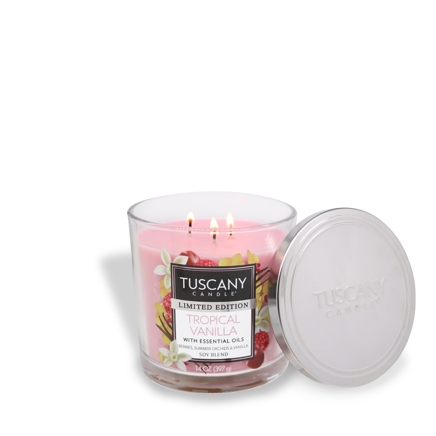 The Tuscany Candle® SEASONAL Tropical Vanilla: Berries & Vanilla Scented Summer Candle (14 oz) features three wicks in a glass jar and a silver lid, filling your space with a fruity summer fragrance.