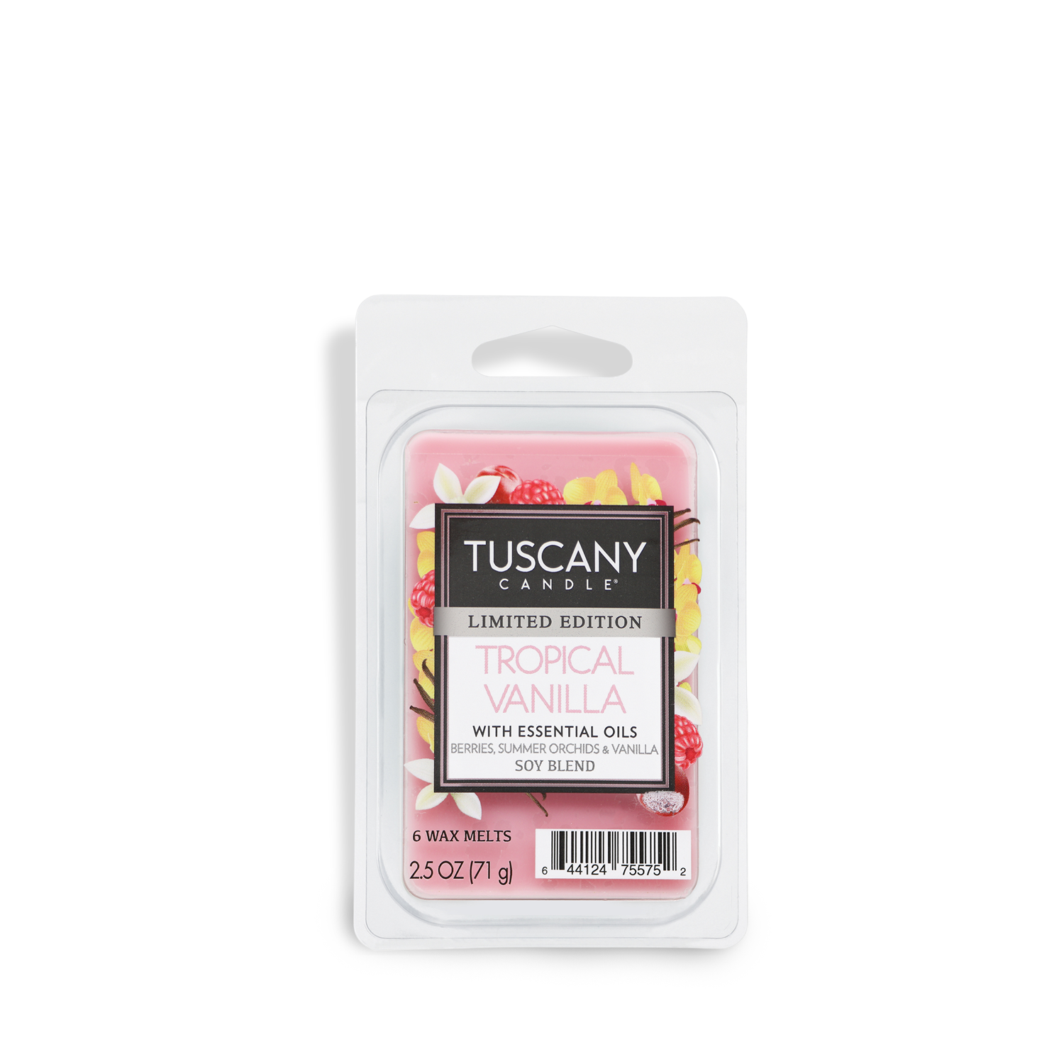Tuscany Candle® SEASONAL Tropical Vanilla: Berries & Vanilla Scented Summer Wax Melts, 2.5 oz, package with berry and flower design, includes 6 melts.