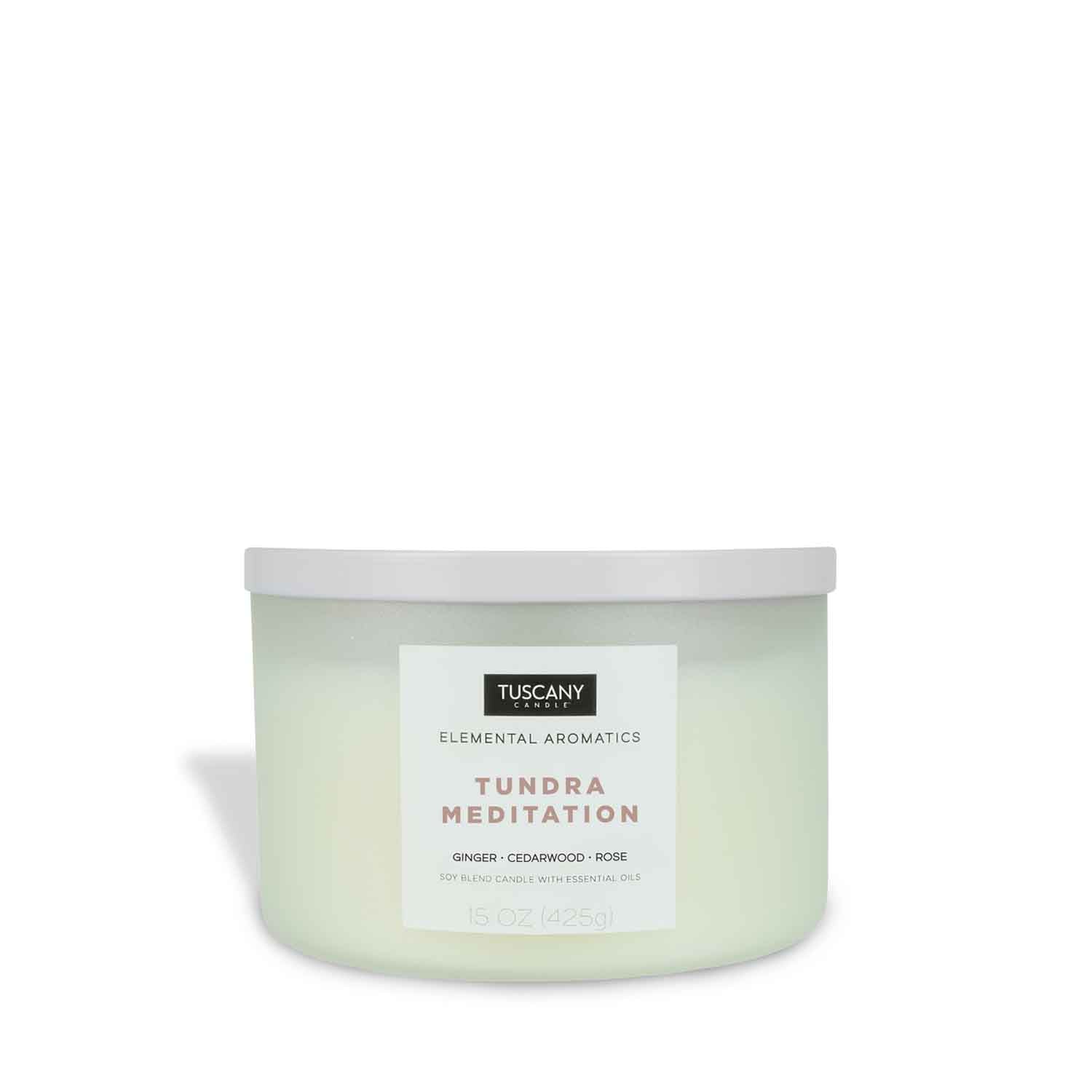 A Tuscany Candle Tundra Meditation Scented Jar Candle (15 oz) – Elemental Aromatics Collection on a white background.