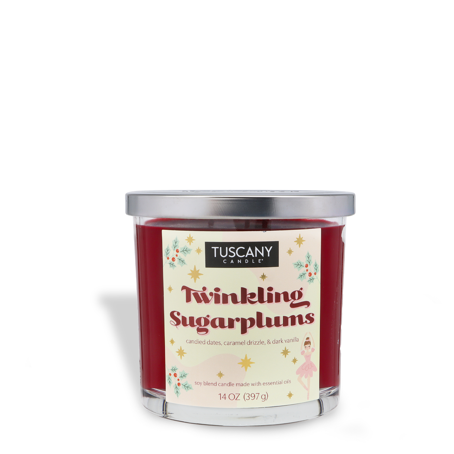 The Tuscany Candle® SEASONAL Twinkling Sugarplums Scented Holiday Candle (14 oz) features a red jar, silver lid, and a festive holiday-themed label.