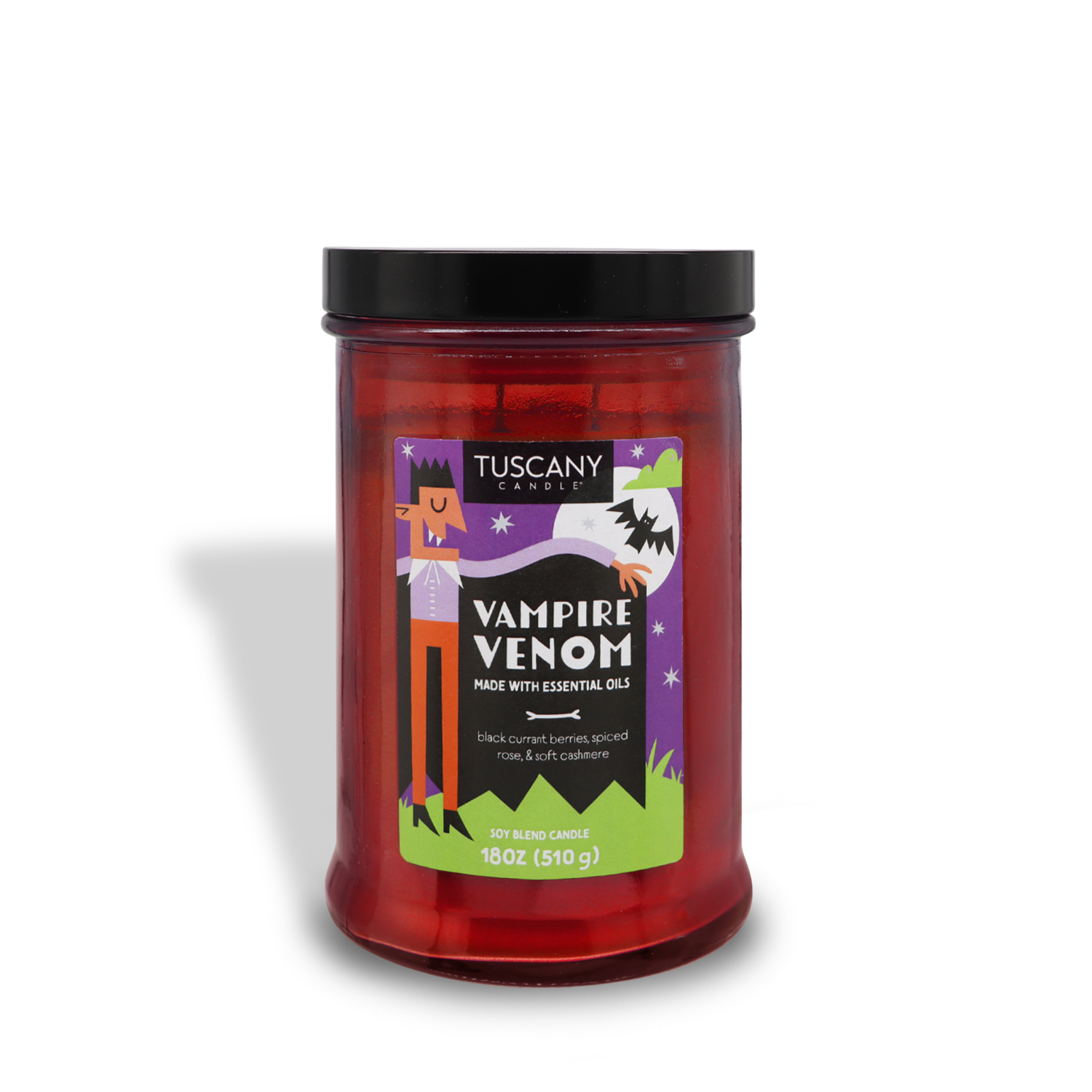 A red Tuscany Candle® SEASONAL labeled "Vampire Venom Long-Lasting Scented Jar Candle (18 oz)," made with essential oils, features black currant berries, spiced roses, and soft cashmere scents. This 18 oz (510 g) jar with a black lid is part of our exclusive limited-run collection.