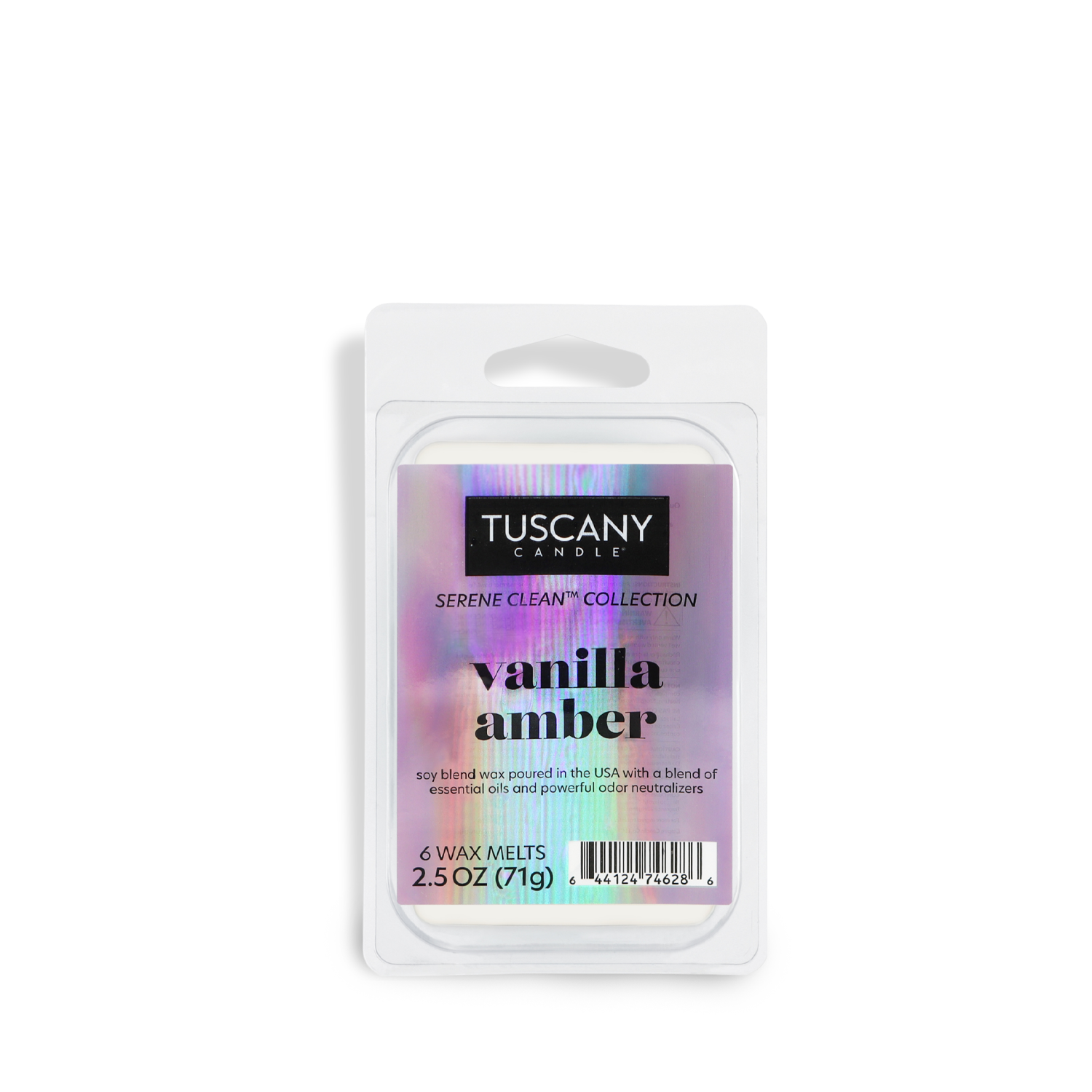 The Tuscany Candle® EVD Amber Vanilla Scented Odor Control Wax Melt, part of the Serene Clean Collection, comes in a 2.5 oz transparent container and includes six delightful melts.