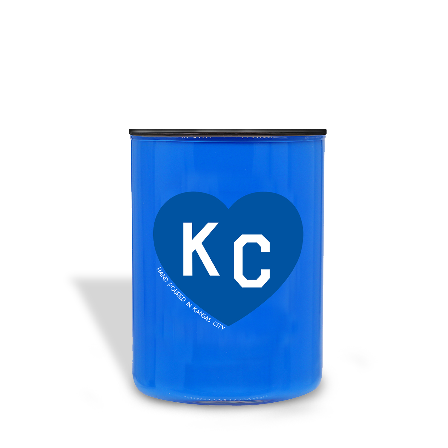 The Vanilla Bean Scented Blue KC Heart Candle (13 oz) from Tuscany Candle x Charlie Hustle features a blue jar with "KC," a heart graphic, and "Hand Poured in Kansas City"—all with a sweet vanilla fragrance.