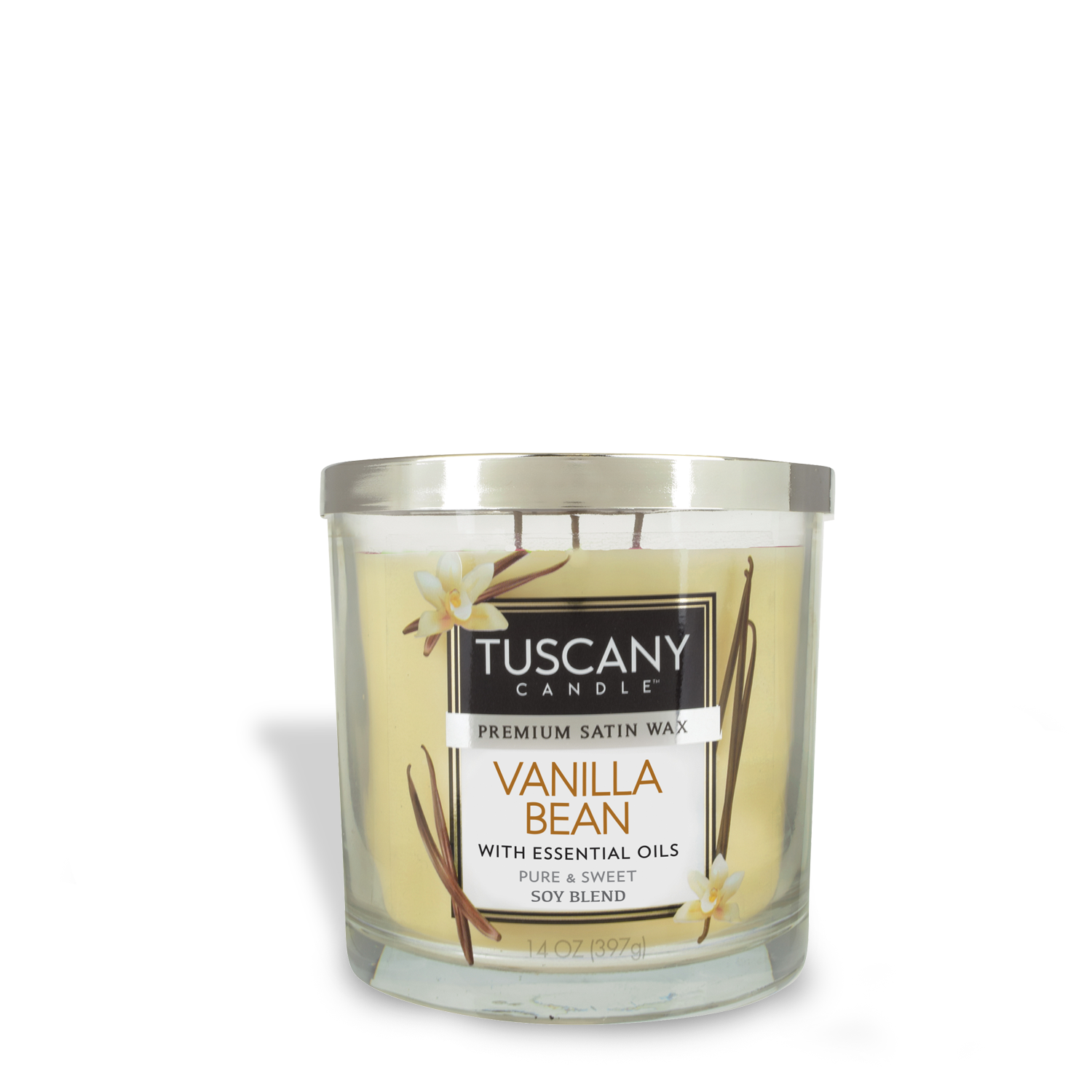 Tuscany Candle Vanilla Bean Long-Lasting Scented Jar Candle (14 oz) infused with essential oils for a delightful fragrance.