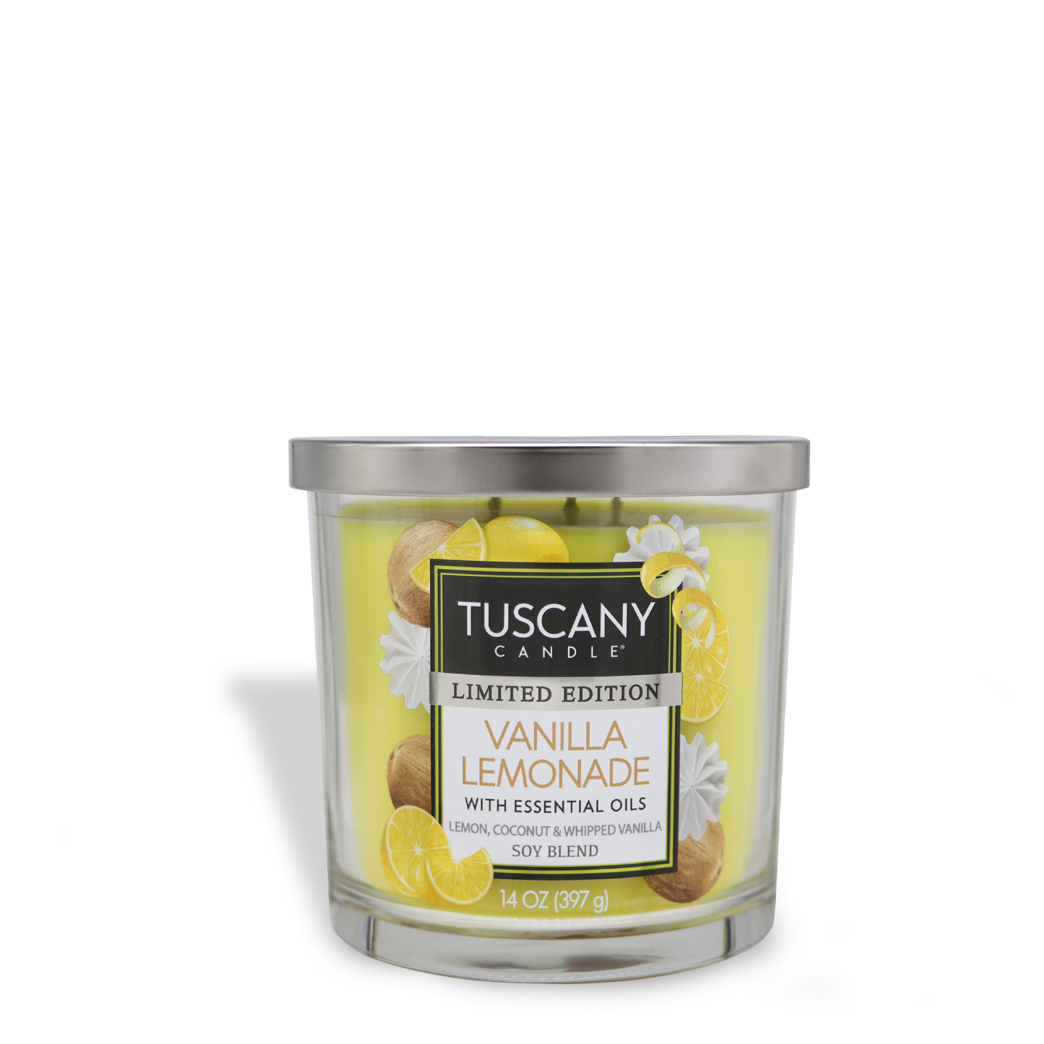 A 14 oz limited edition Tuscany Candle® SEASONAL glass jar with a Meyer Lemon scent, labeled "Vanilla Lemonade" and featuring images of lemons and coconuts.