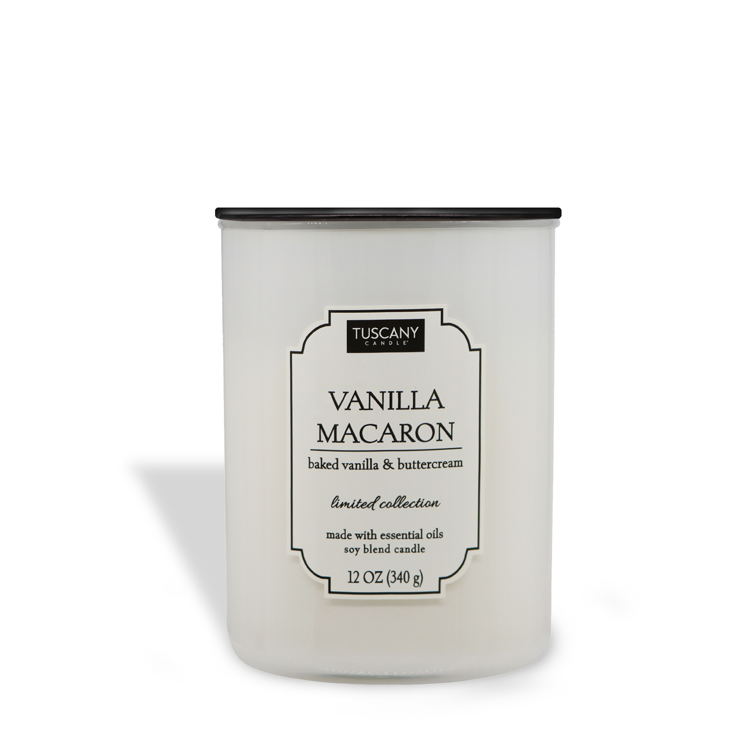 A scented candle labeled "Vanilla Macaron (12 oz) – Colorsplash Collection" in a white jar with a black lid, part of the Tuscany Candle® EVD collection.