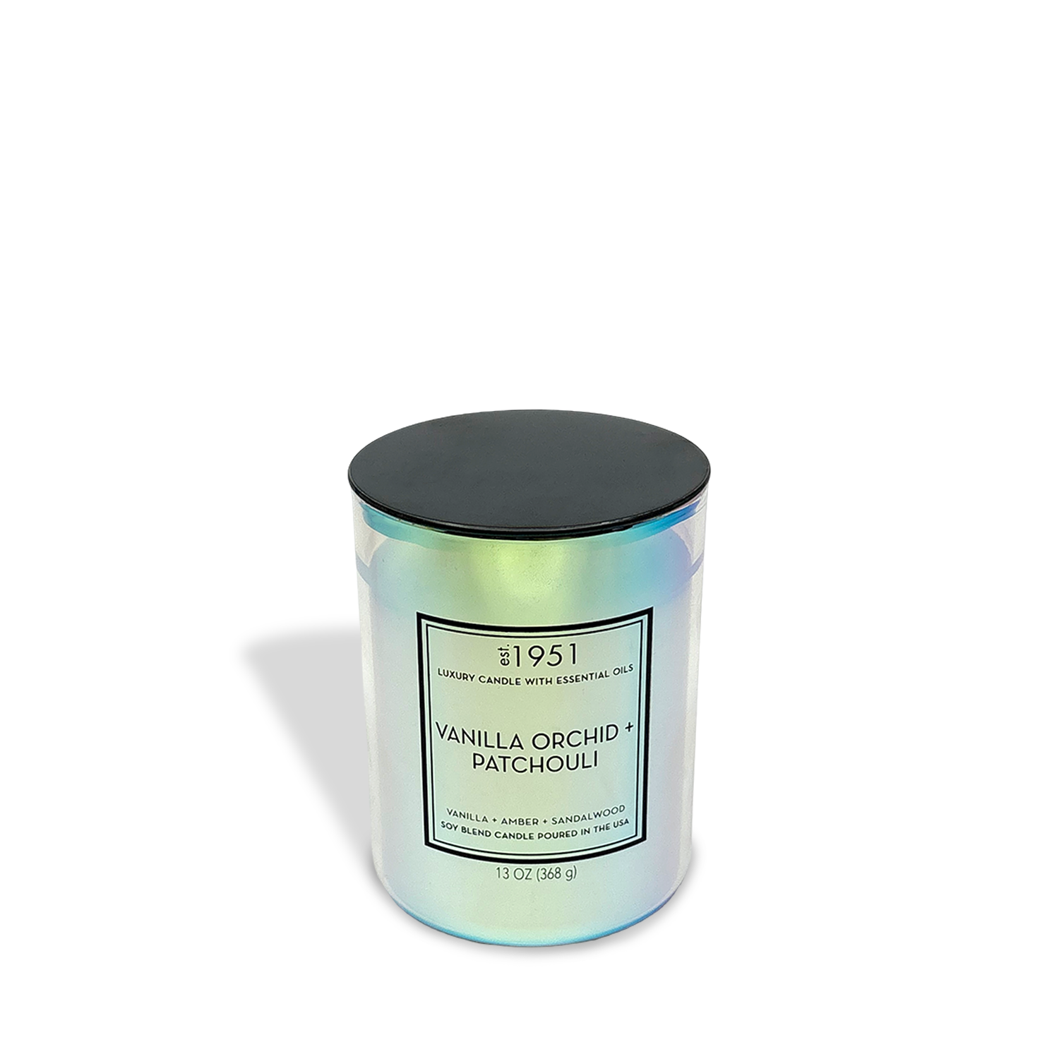 Est.1951 Vanilla Orchid & Patchouli candle, 13oz, in an iridescent glass jar with black lid; features essential oils for a luxurious experience.