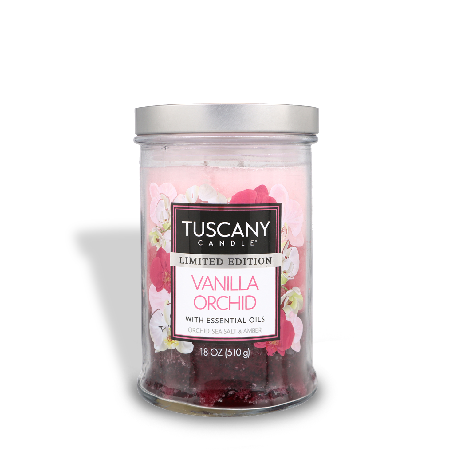 A Vanilla Orchid Long-Lasting Scented Jar Candle (18 oz) from the Tuscany Candle® SEASONAL Collection.
