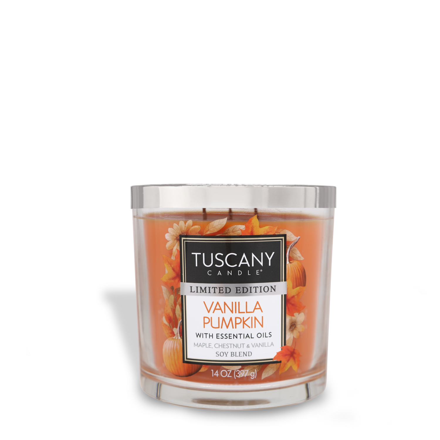 A Tuscany Candle® SEASONAL Vanilla Pumpkin Long-Lasting Scented Jar Candle (14 oz), made with a soy blend and essential oils in a clear glass container. Experience premium satin wax with fragrance notes of vanilla and pumpkin, alongside a label adorned with pumpkins and fall leaves for an elegant autumn touch.