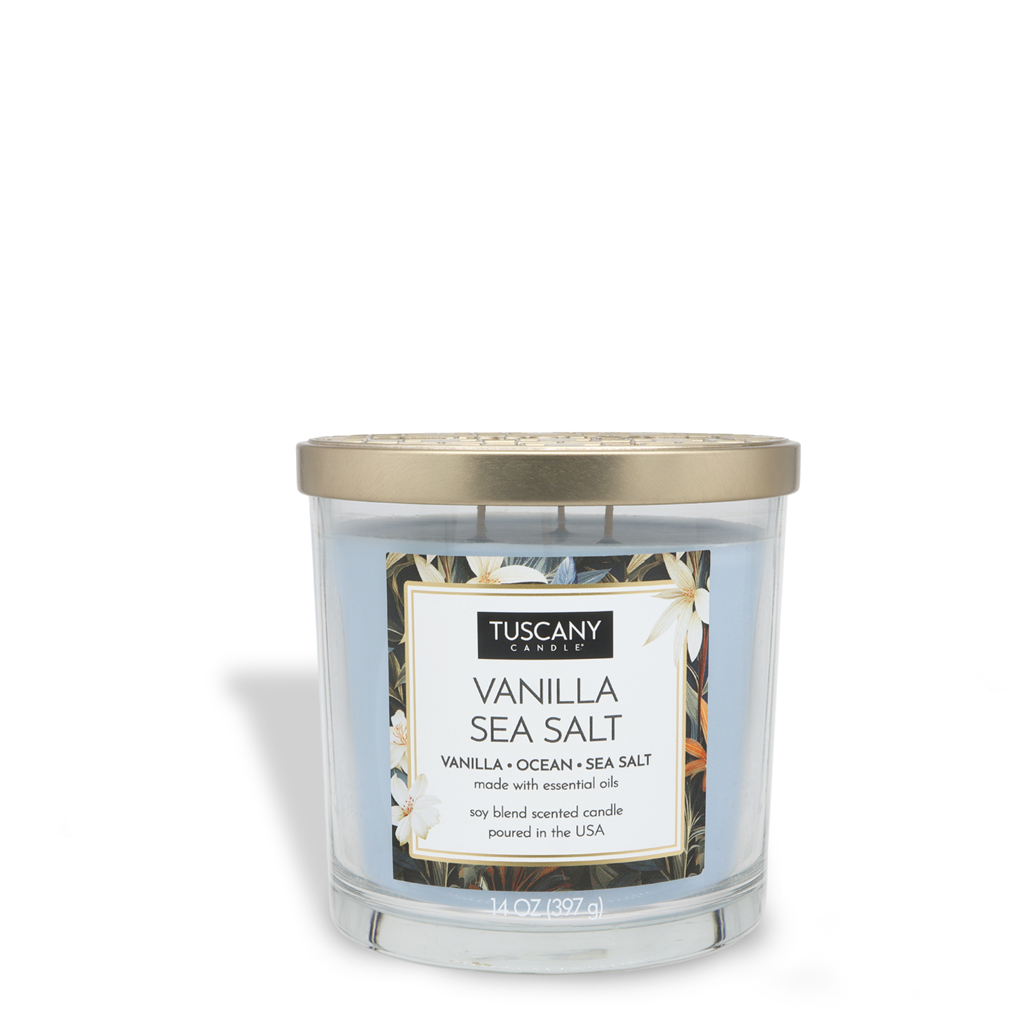 The Tuscany Candle® EVD Vanilla Sea Salt Long-Lasting Scented Jar Candle (14 oz) comes in a glass jar with a gold lid, features a floral design, and is infused with essential oils.