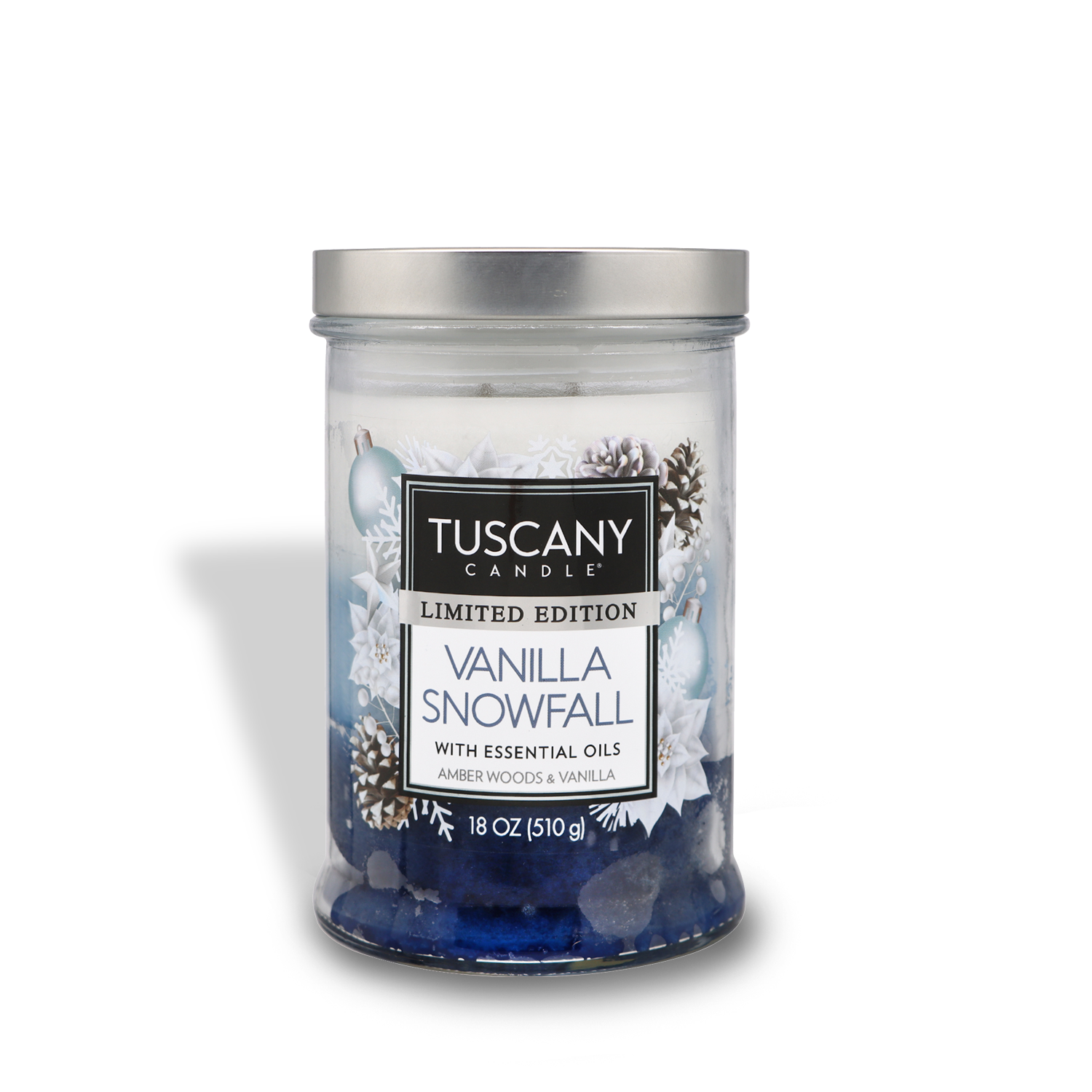 Introducing the Vanilla Snowfall Long-Lasting Scented Jar Candle from the Premium Marbled Collection by Tuscany Candle® SEASONAL. This limited edition candle, boasting 18 oz (510 g) of blue wax and adorned with snowflake decorations on its label, contains essential oils and guarantees a clean burn experience.