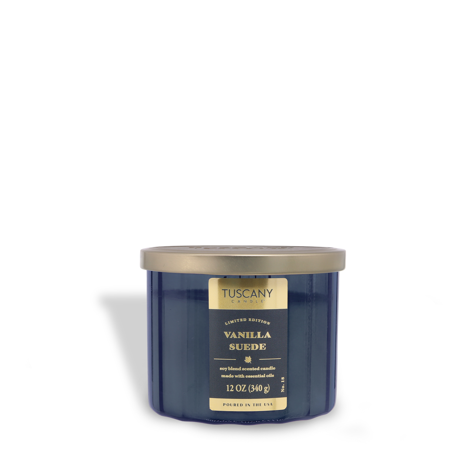 A 12 oz Tuscany Candle® SEASONAL in "Vanilla Suede: Sandalwood & Mandarin" scent, blue jar with a gold lid; soy blend.