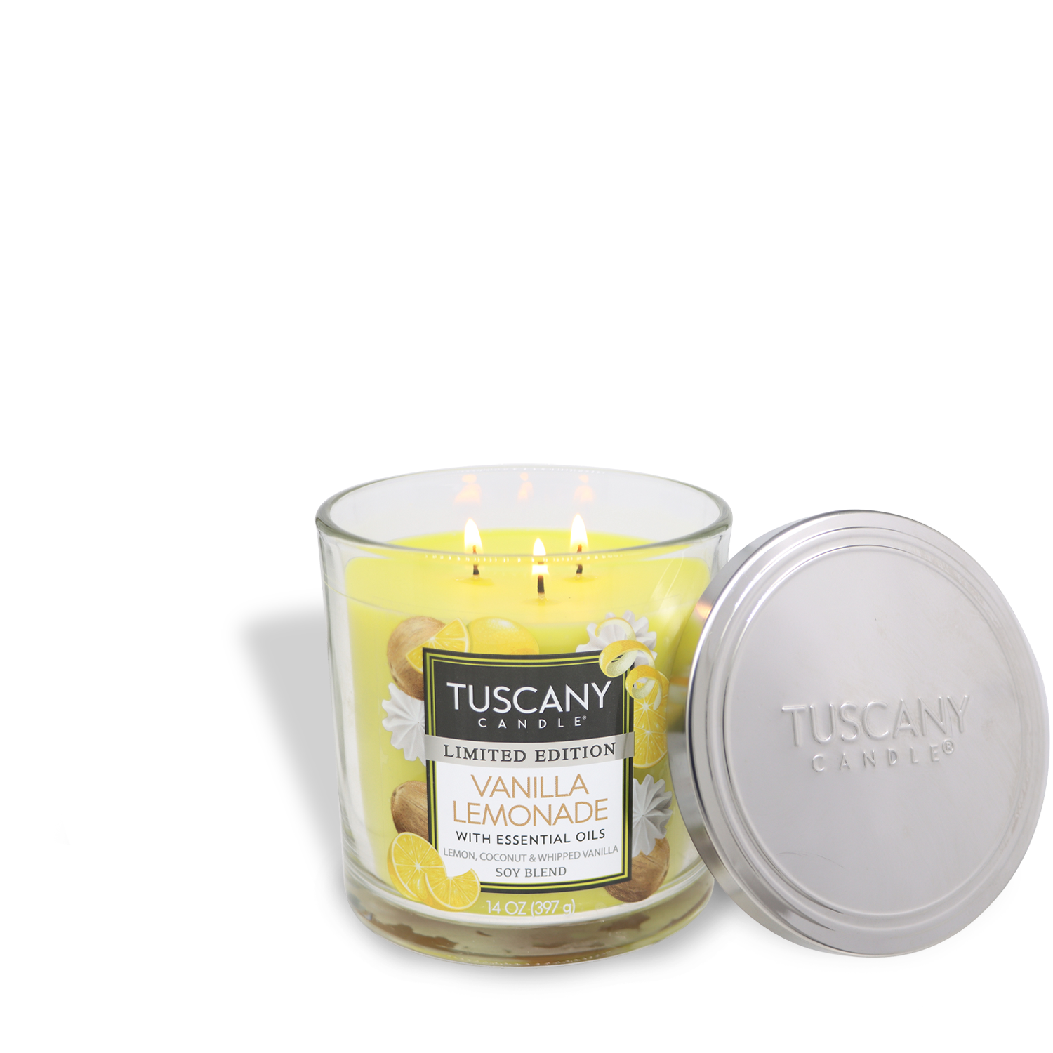 A lit Tuscany Candle® SEASONAL's 14 oz Vanilla Lemonade: Meyer Lemon scented spring candle in a clear glass jar with a silver lid beside it.