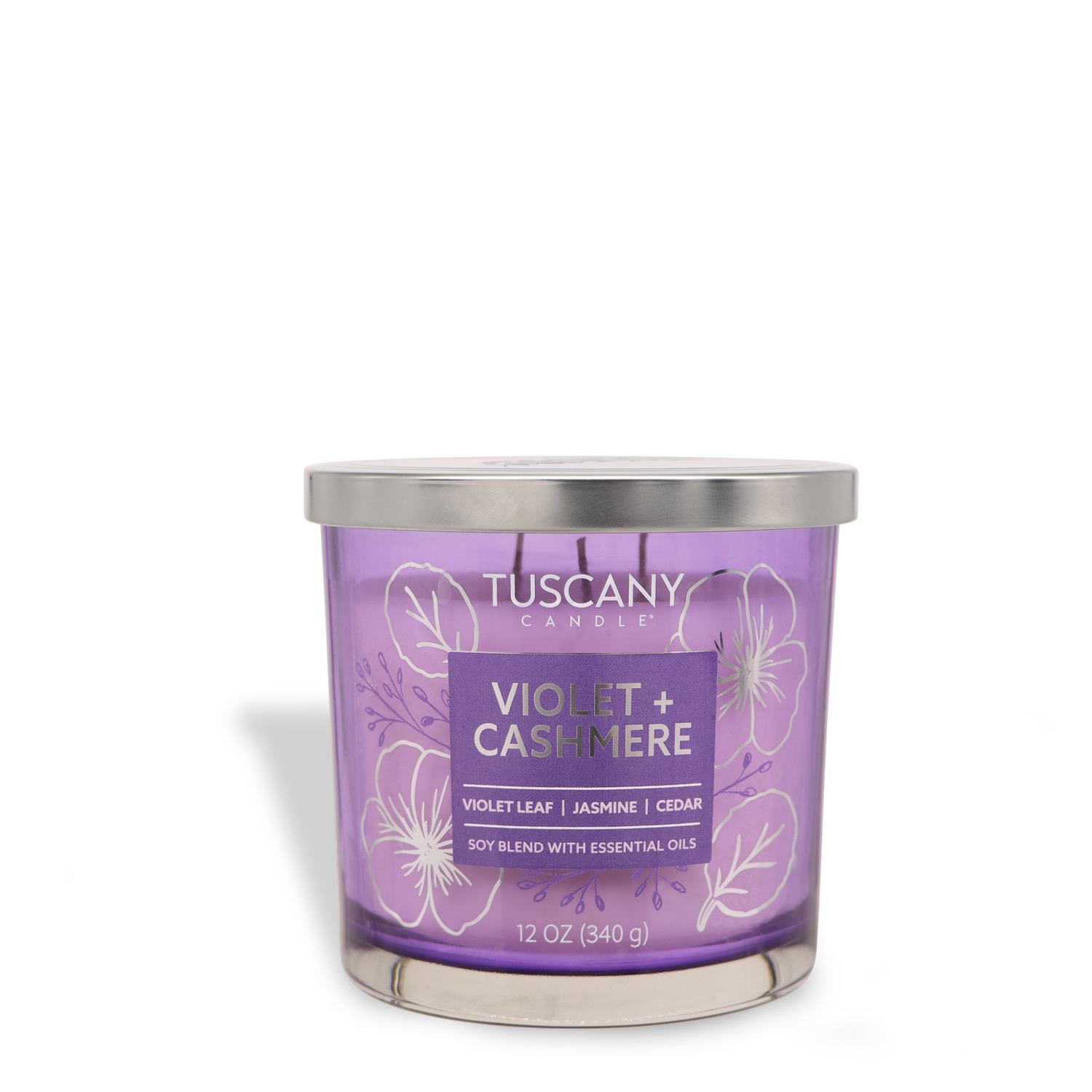 The 12 oz "Violet + Cashmere" Jasmine Scented Jar Candle from Tuscany Candle® EVD's Painters' Palette Collection features notes of violet leaf, jasmine, and cedar.