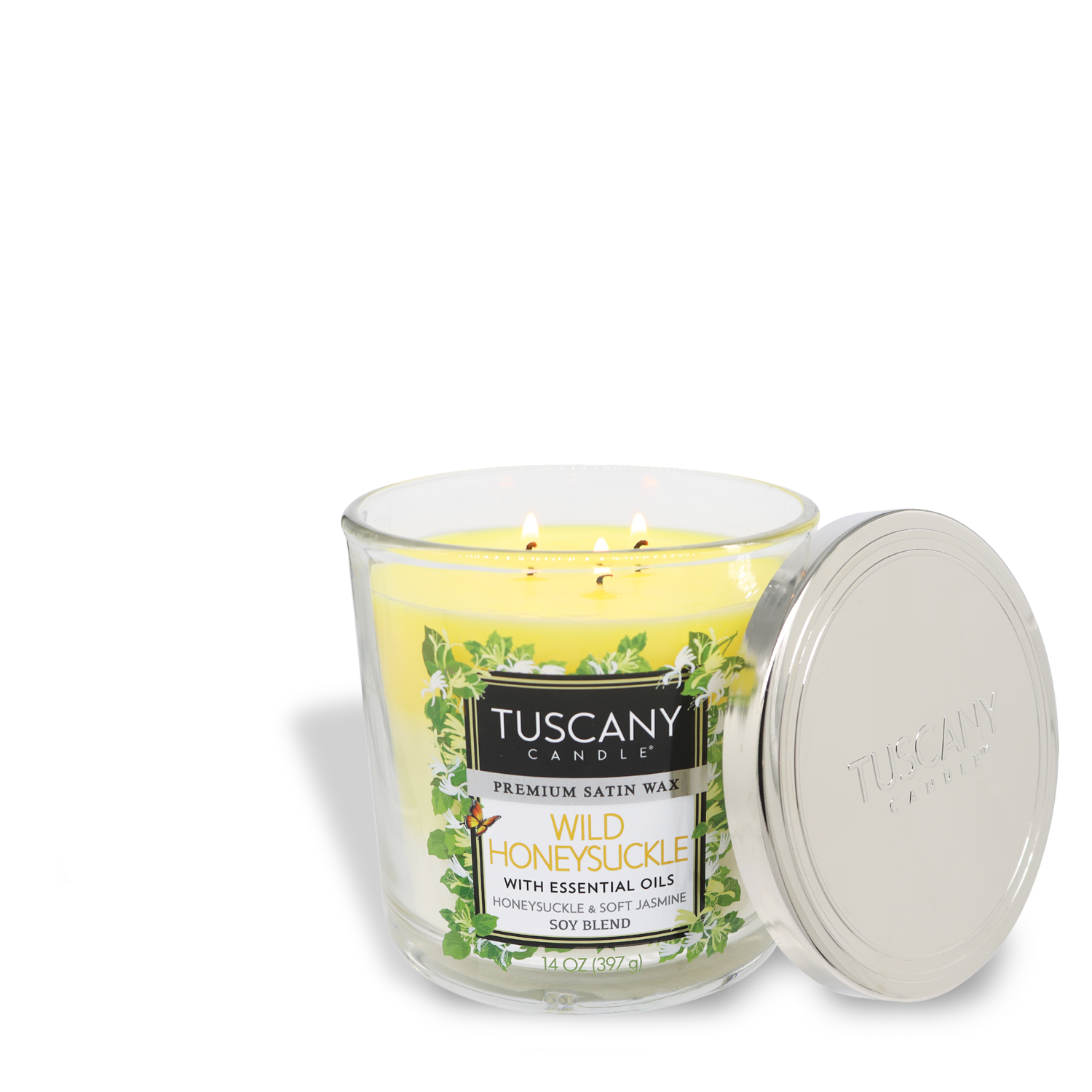 Wild Honeysuckle long-lasting scented jar candle infused with floral freshness from Tuscany Candle.