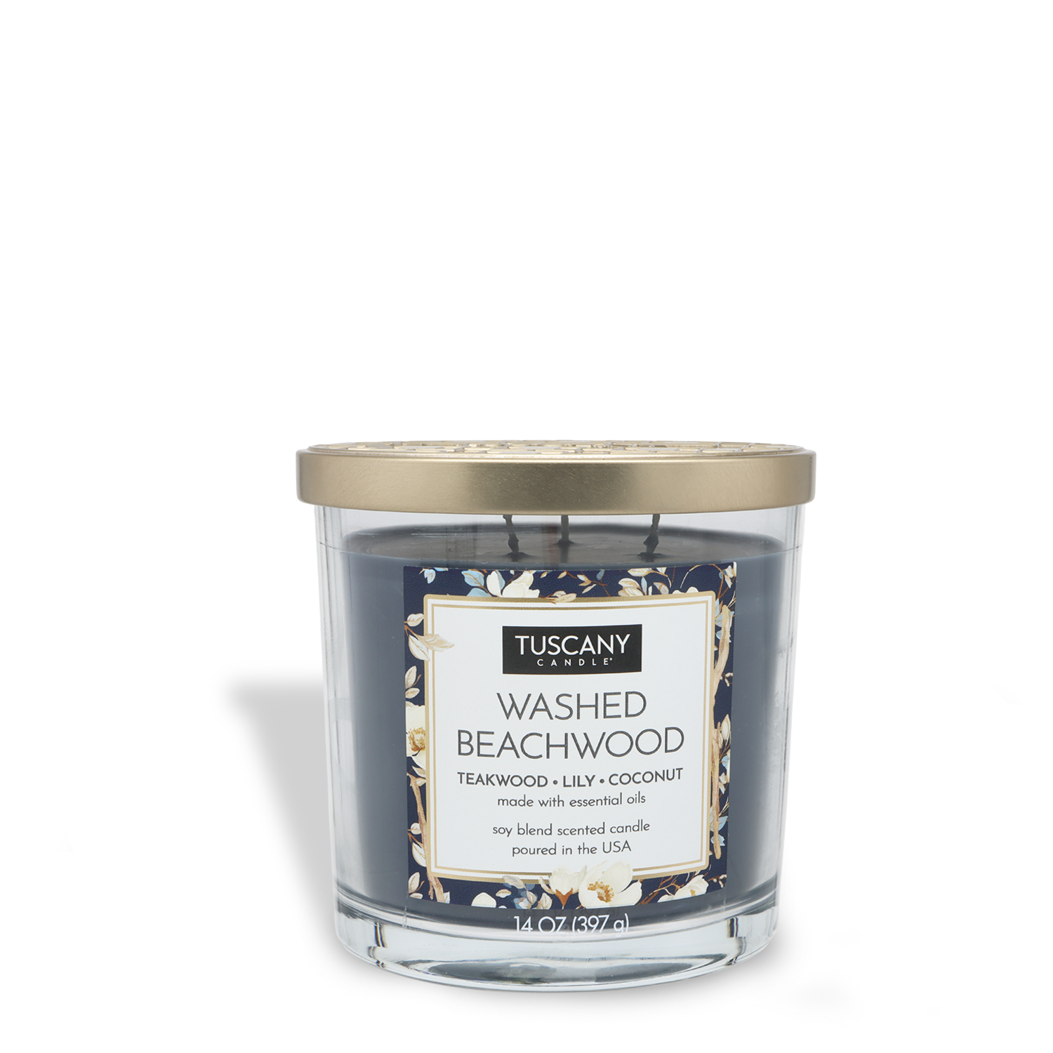 The Tuscany Candle® EVD Washed Beachwood Long-Lasting Scented Jar Candle (14 oz) features relaxing notes of teakwood, lily, and coconut in a clear glass jar with a gold lid.