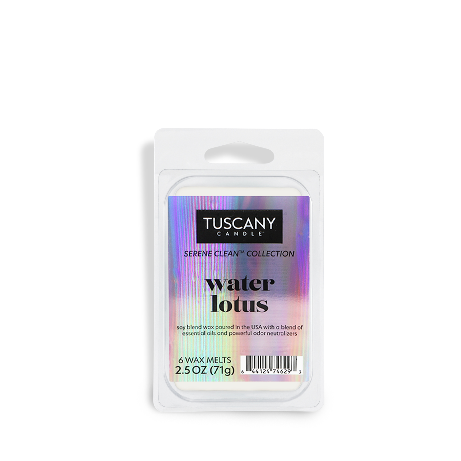 Experience the aromatherapeutic serenity of Tuscany Candle® EVD's Water Lotus Scented Odor Control Wax Melt (2.5 oz) from the Serene Clean Collection, offering a soothing fragrance with odor-eliminating technology for a refreshing home atmosphere.