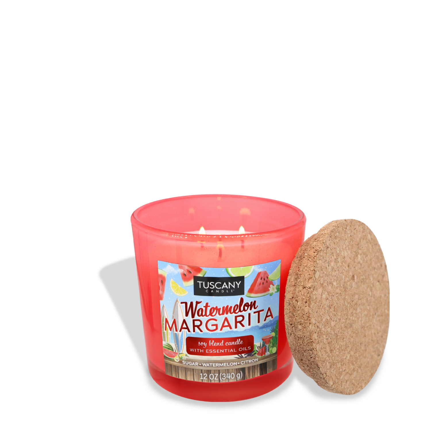 Red candle labeled "Watermelon Margarita (12 oz) – Sunset Beach Bar Collection" by Tuscany Candle® SEASONAL, positioned next to its cork lid on a white background. This summer candle promises a refreshing, fruity scent perfect for warm days.