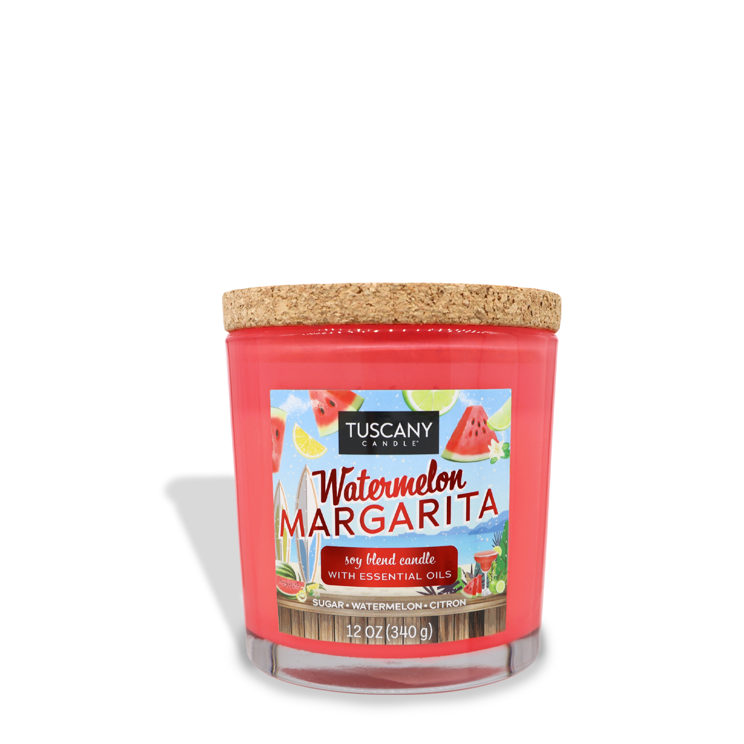 A red Tuscany Candle® SEASONAL labeled "Watermelon Margarita (12 oz) – Sunset Beach Bar Collection" with a cork lid. The text on the label mentions it is a soy blend scented candle with essential oils, weighing 12 oz (340.9 g).