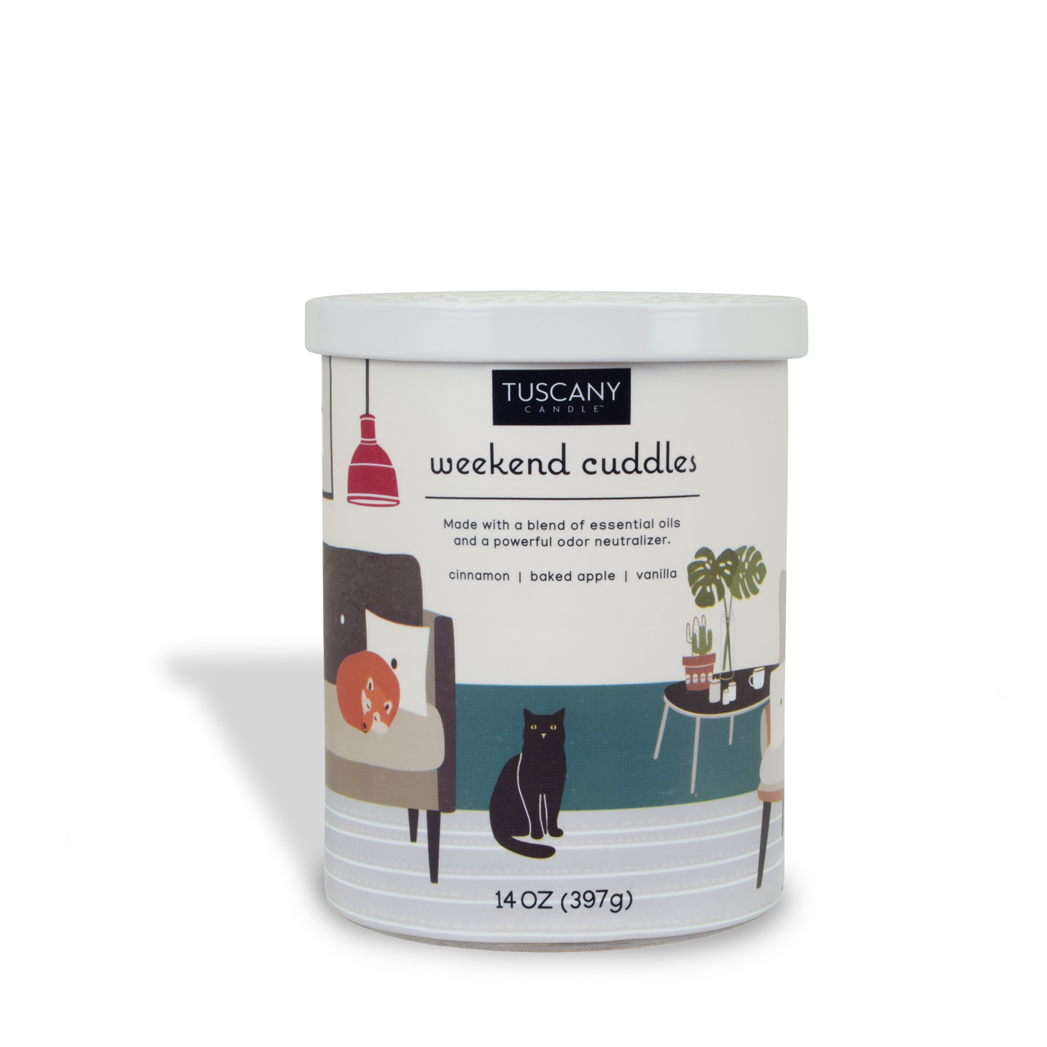 Tuscany Candle's Weekend Cuddles Scented Jar Candle in a tin is the ideal solution for pet odor control. The candle contains enzymes that effectively neutralize odors, making it perfect for creating a fresh and inviting atmosphere in your home.