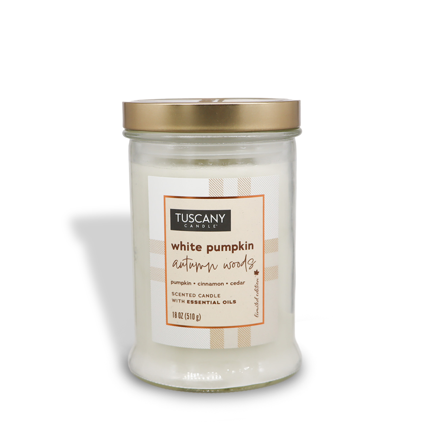 A glass jar of Tuscany Candle® SEASONAL labeled "White Pumpkin Autumn Woods Long-Lasting Scented Jar Candle (18 oz)" from the Autumn Flannels Collection. The scented candle boasts a comforting pumpkin scent with cinnamon and cedar notes, enriched with essential oils.