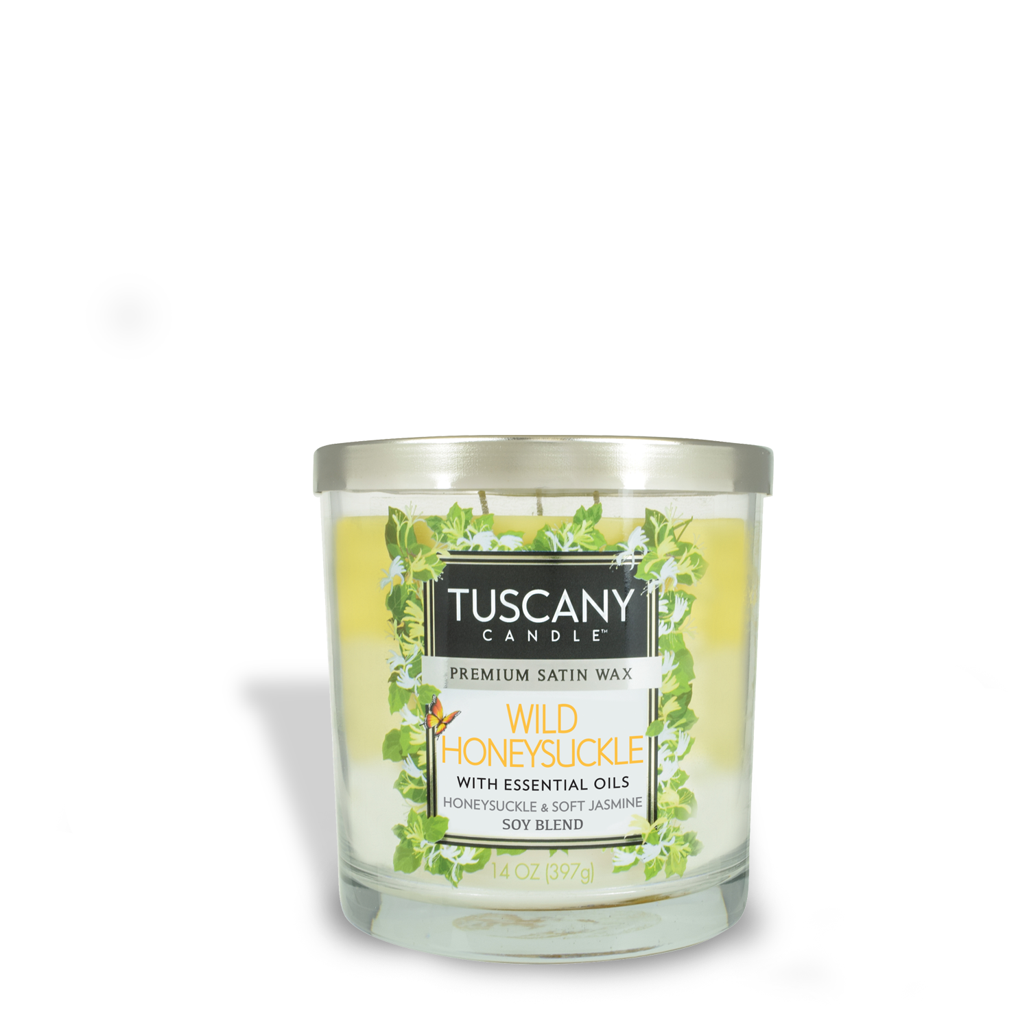 Tuscany Wild Honeysuckle Long-Lasting Scented Jar Candle (14 oz) with a touch of Wild Honeysuckle.