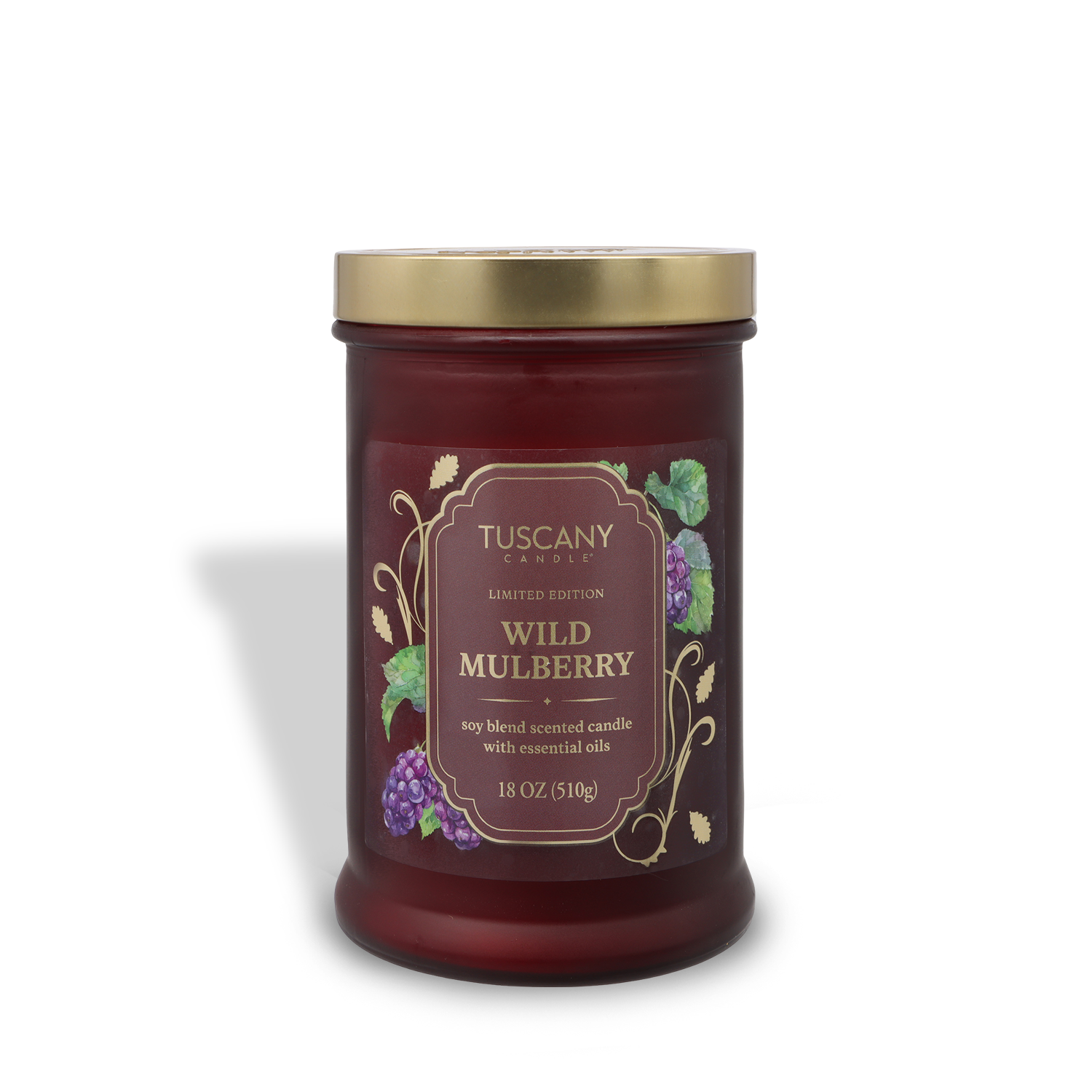 An 18 oz Tuscany Candle® SEASONAL “Wild Mulberry: Tart Grapefruit & Blackberry” candle with grape and leaf graphics, gold lid, shown against a white background.