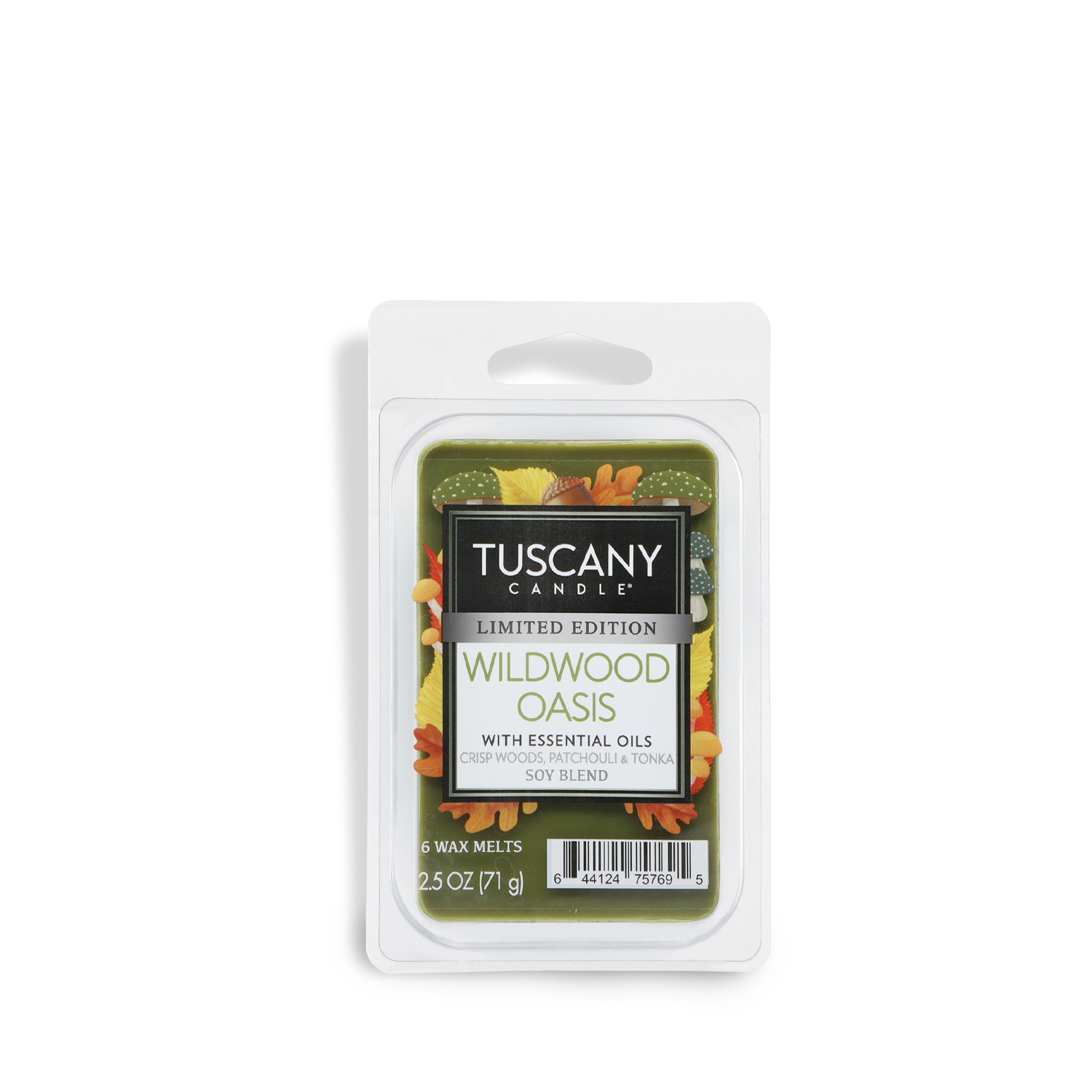 A 2.5 oz Tuscany Candle® SEASONAL Wildwood Oasis: Amber Woods & Patchouli scented fall wax melt in a clear plastic clamshell, limited edition.