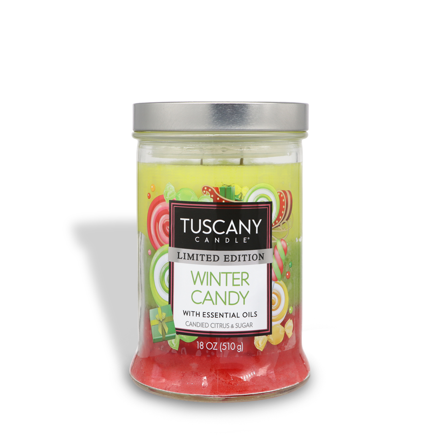 A jar of Tuscany Candle® SEASONAL, limited edition "Winter Candy" Long-Lasting Scented Jar Candle (18 oz), featuring essential oils and a design of colorful candies on the label.