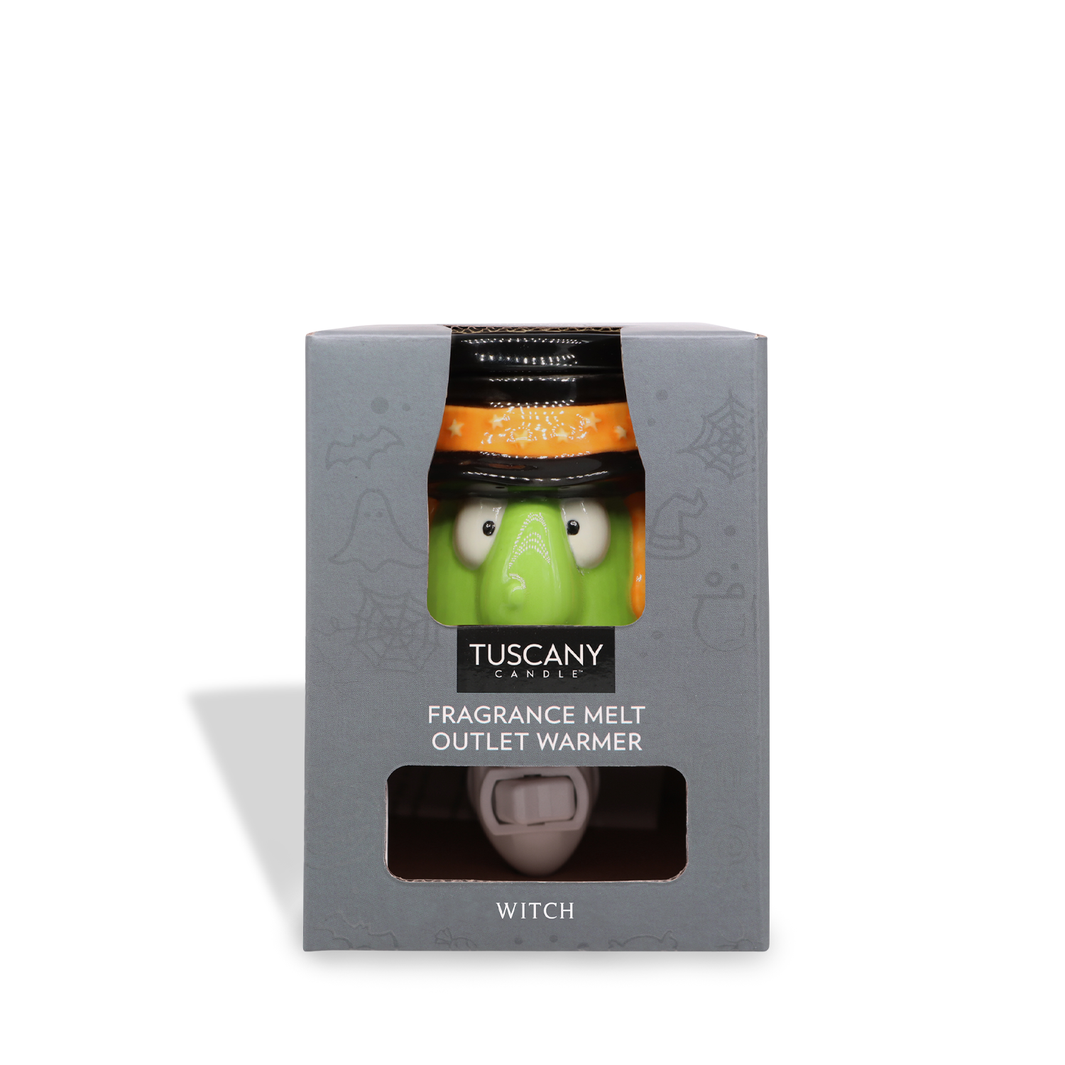 The Tuscany Candle® SEASONAL Witch Outlet Wax Melt Warmer, shaped like a green witch and packaged in a gray "Witch" box, is perfect for adding spooky Halloween décor to any room.